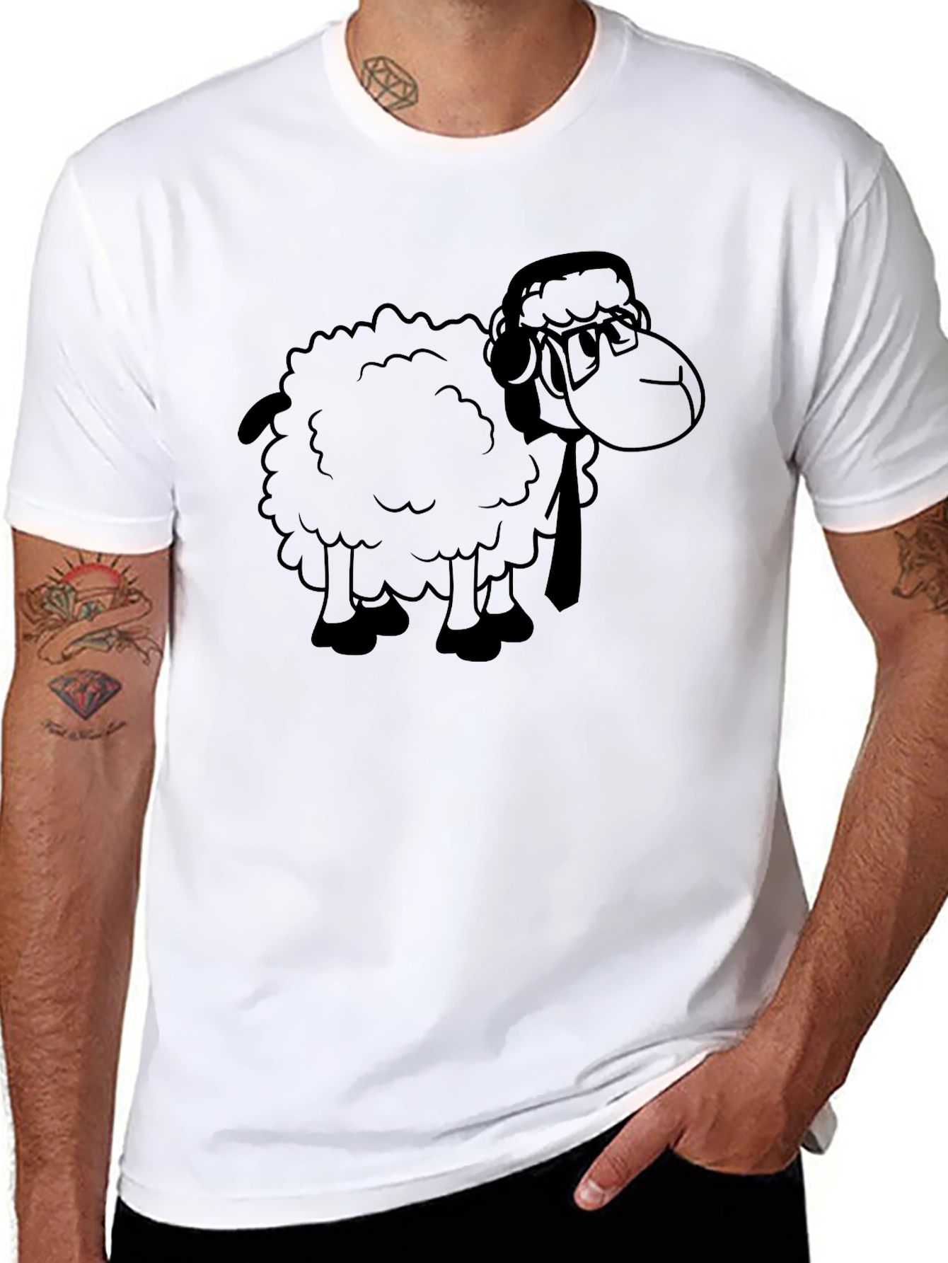 Cartoon Sheep Graphic Tee - Black Cotton T-Shirt