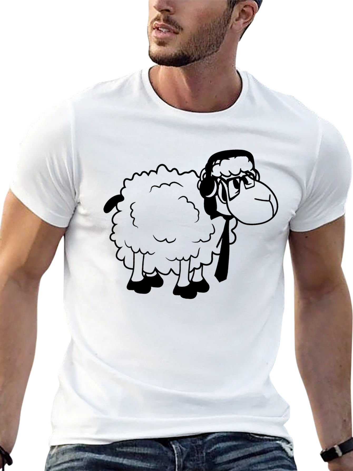 Cartoon Sheep Graphic Tee - Black Cotton T-Shirt