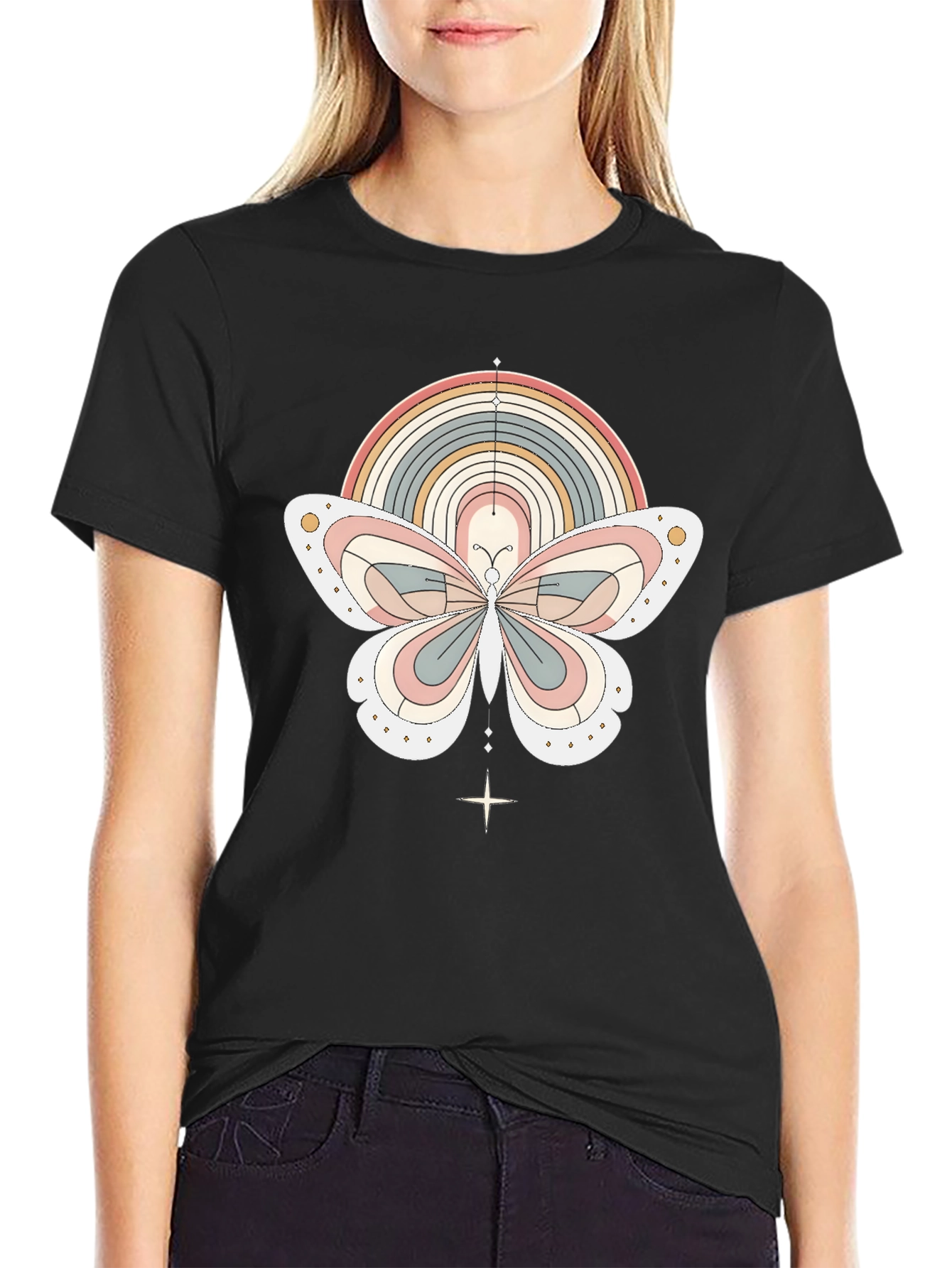 Retro Rainbow Butterfly Graphic T-Shirt