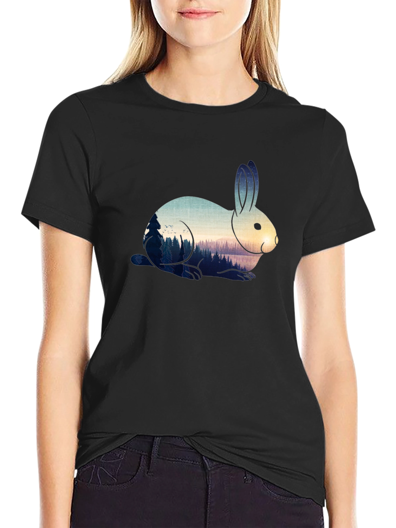 Rabbit Nature Scene Graphic Tee - Black