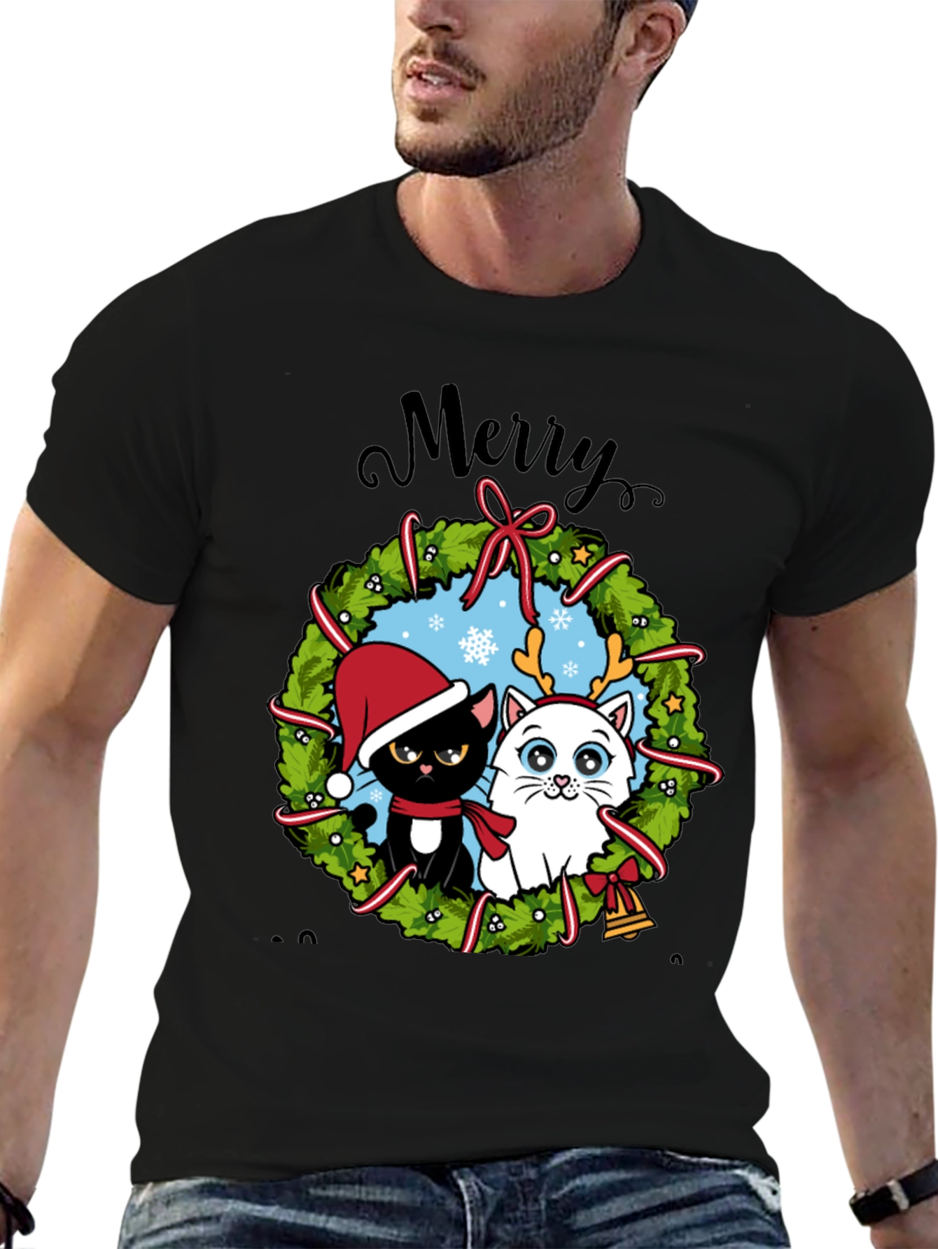 Festive Cat Christmas Wreath T-Shirt