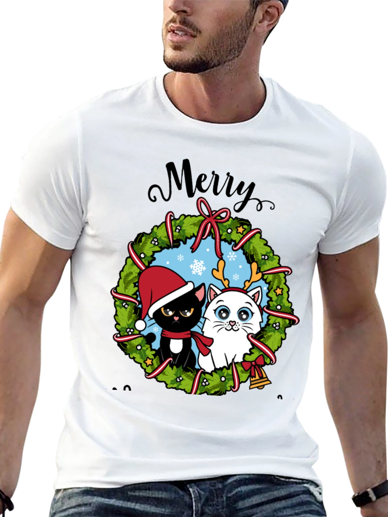 Festive Cat Christmas Wreath T-Shirt