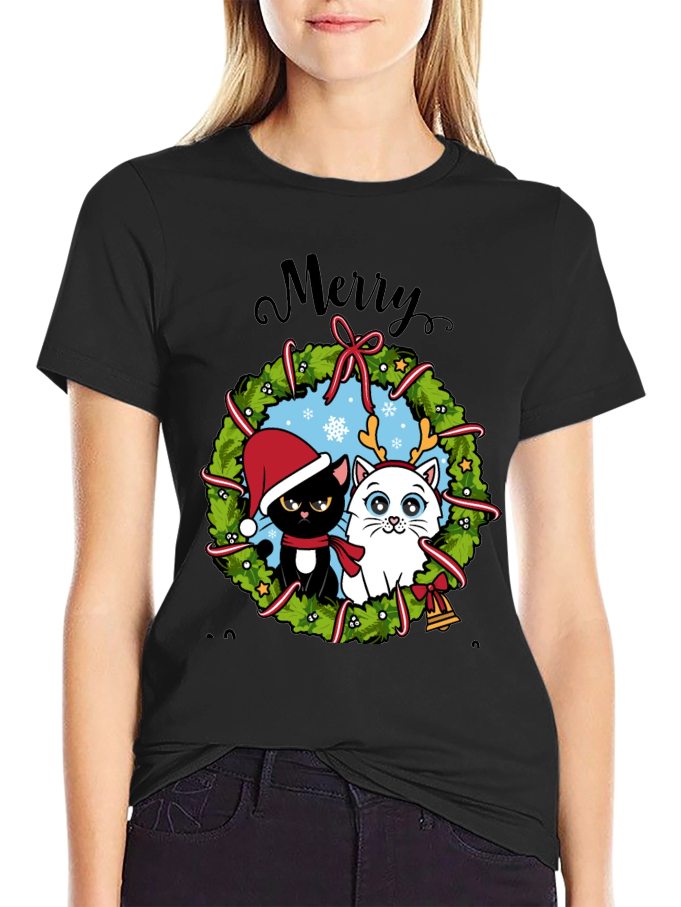 Festive Cat Christmas Wreath T-Shirt