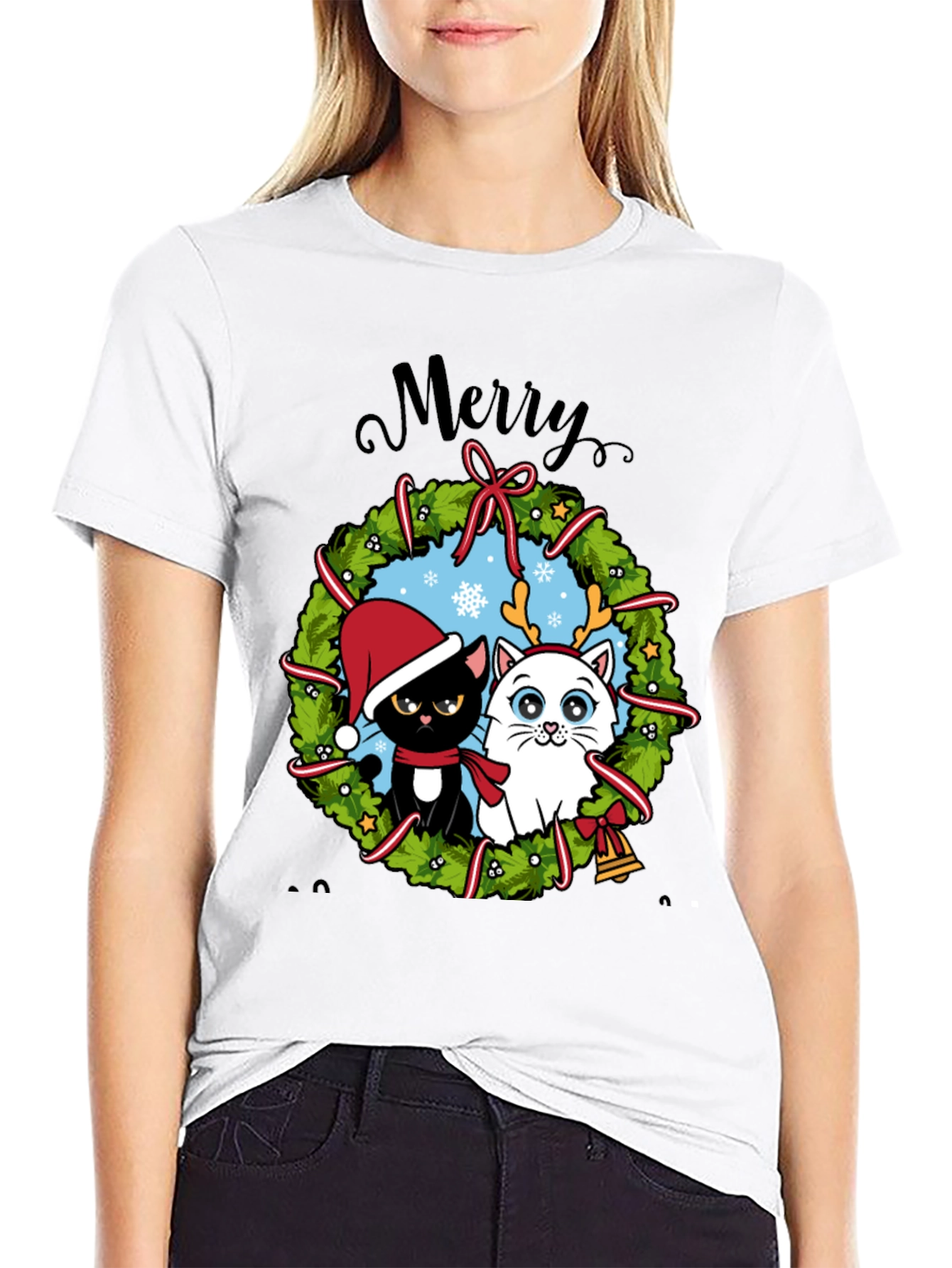Festive Cat Christmas Wreath T-Shirt