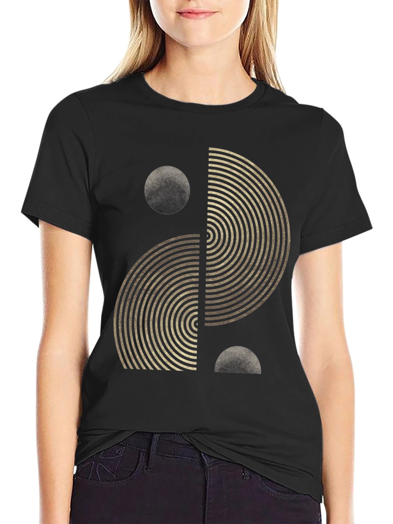 Geometric Yin Yang Graphic Tee - Black