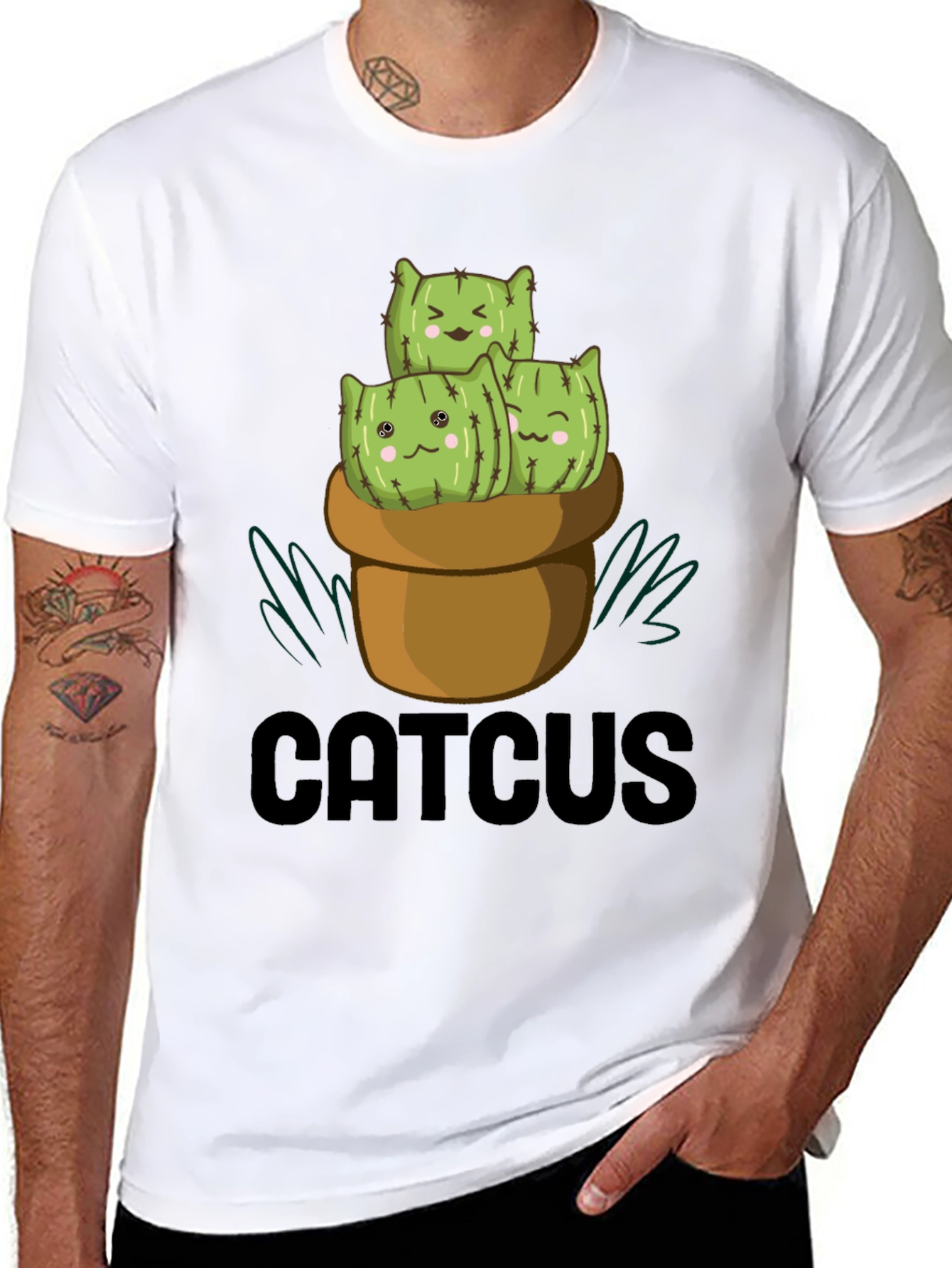 CUTCUS Cat Cactus Graphic T-Shirt Black