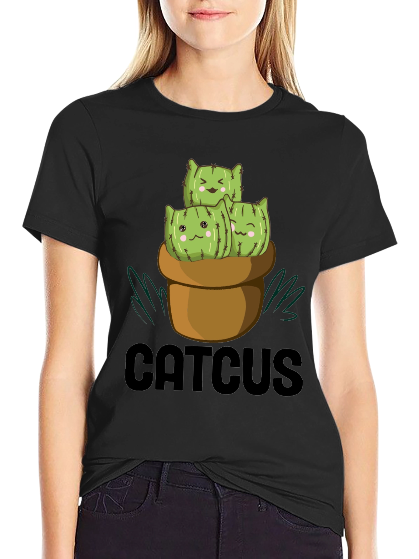 CUTCUS Cat Cactus Graphic T-Shirt Black
