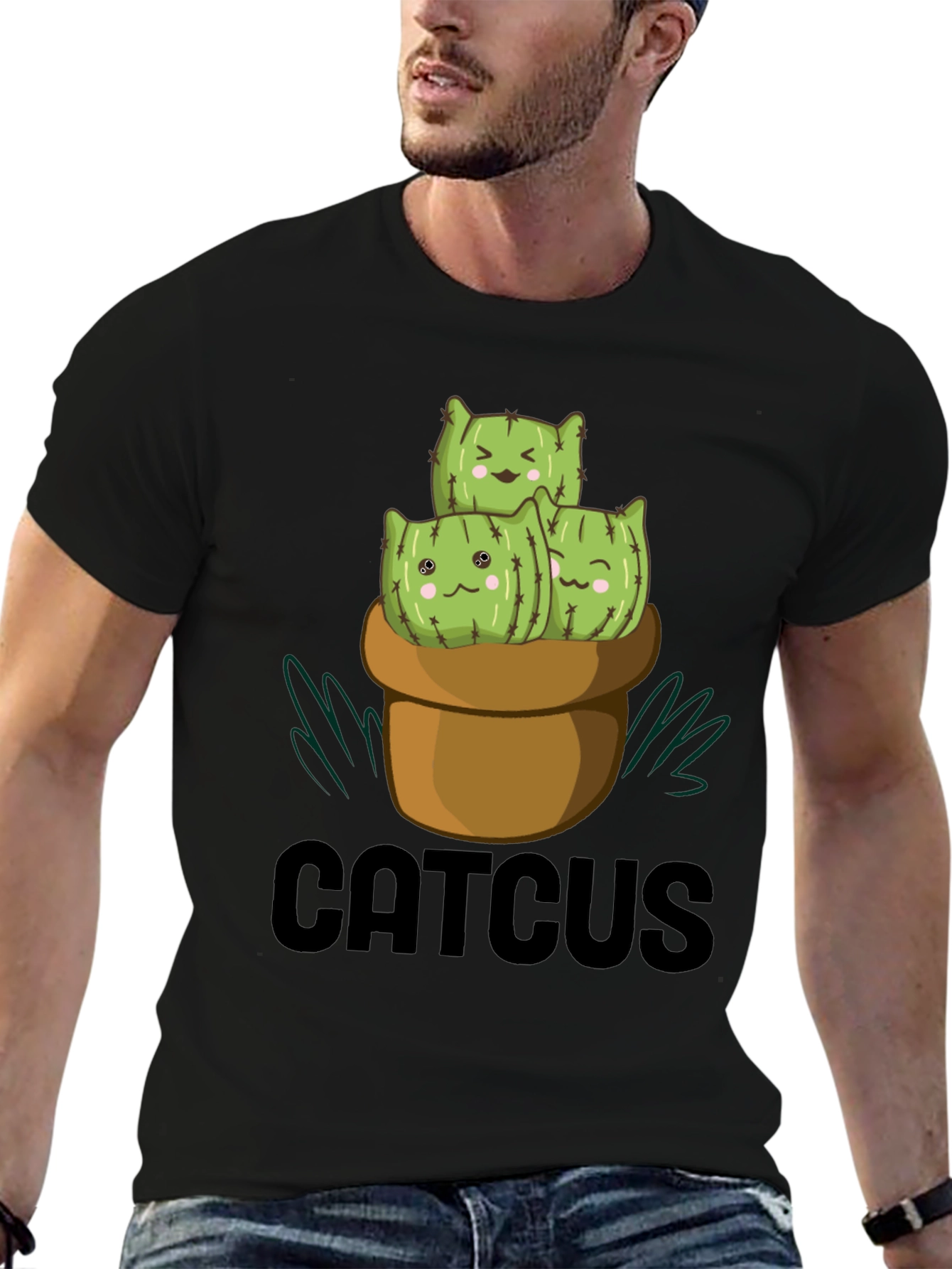 CUTCUS Cat Cactus Graphic T-Shirt Black