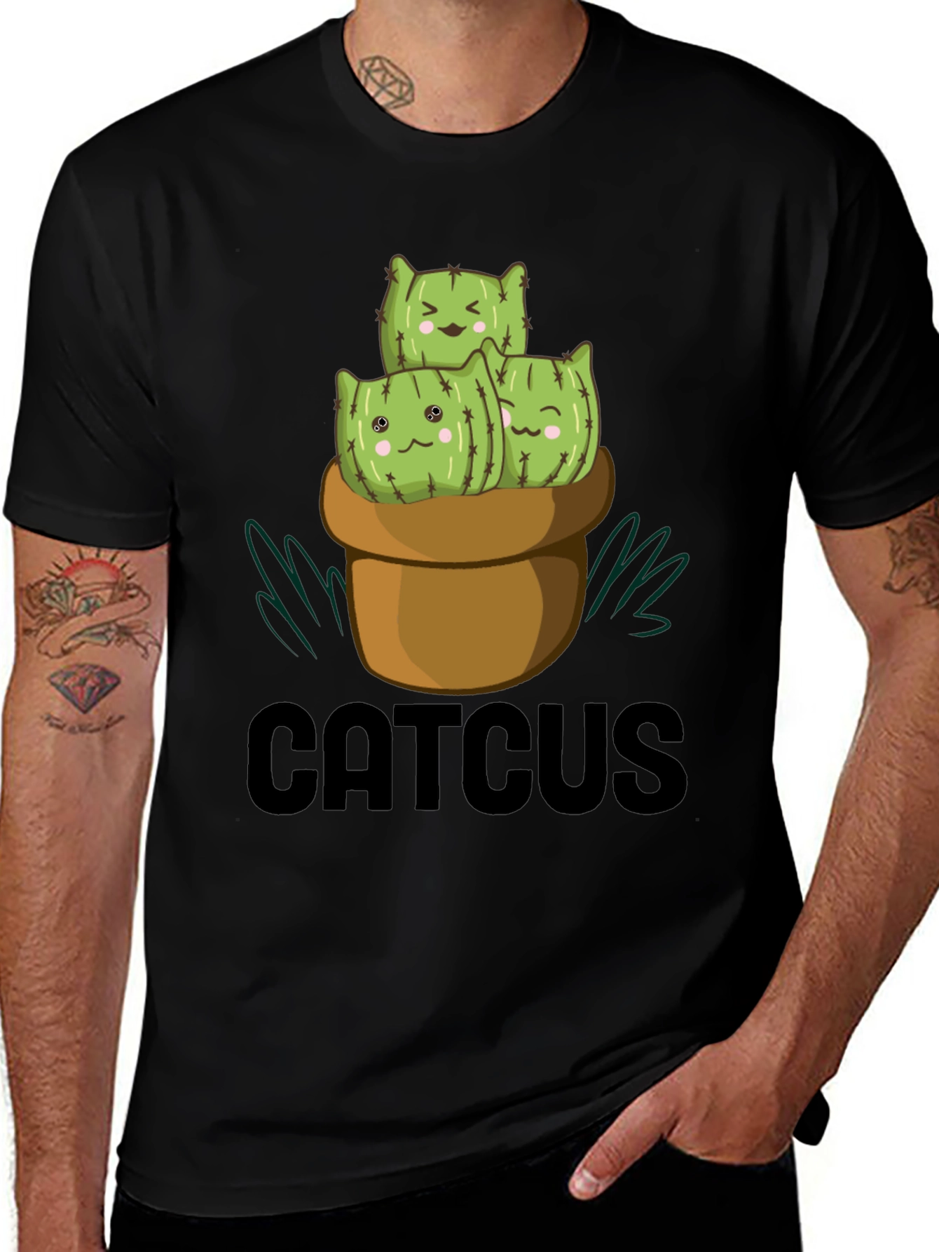 CUTCUS Cat Cactus Graphic T-Shirt Black