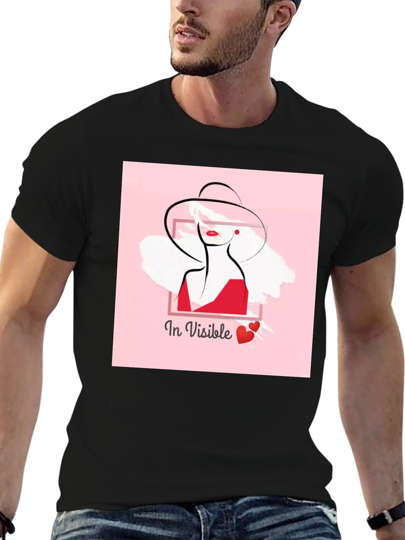 Stylish Black Tee with In Visible Lady Graphic