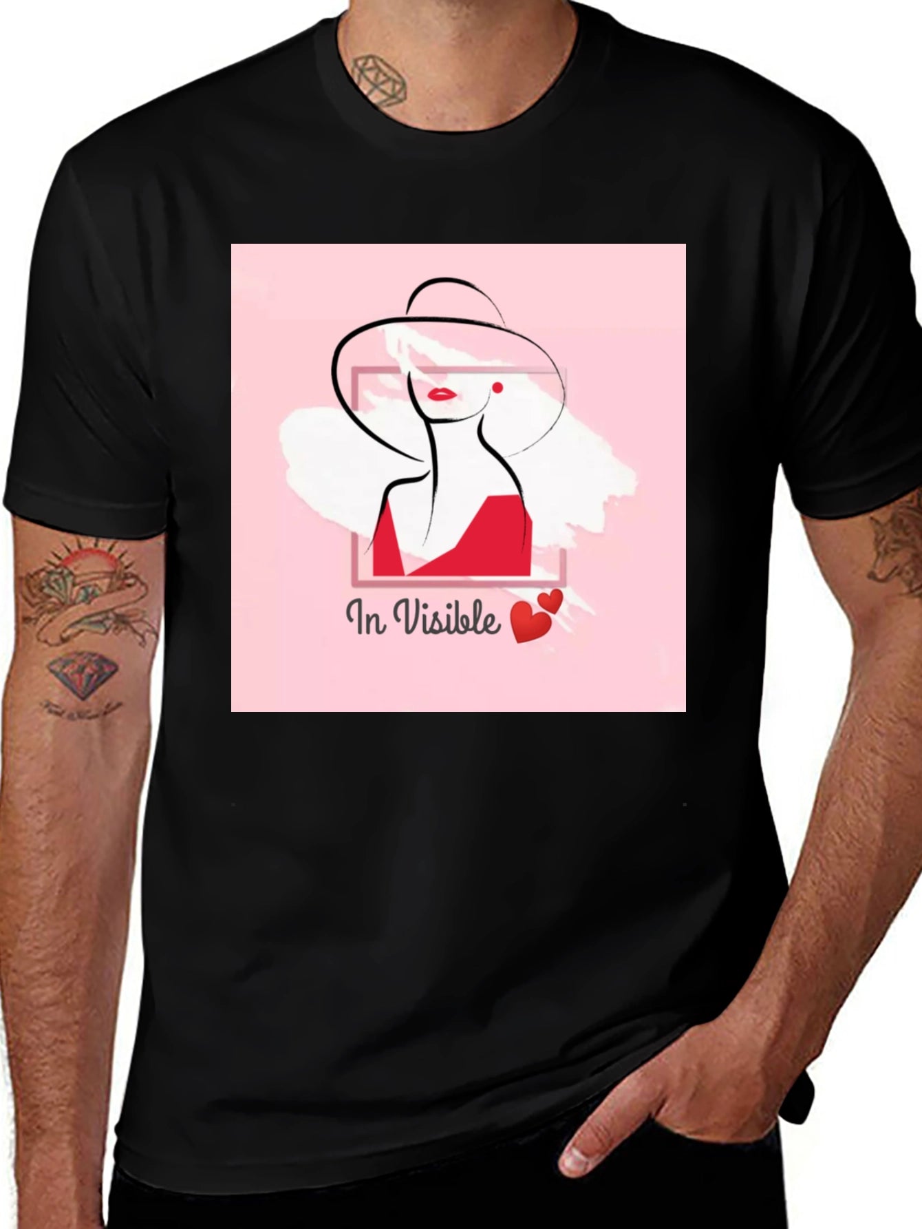Stylish Black Tee with In Visible Lady Graphic