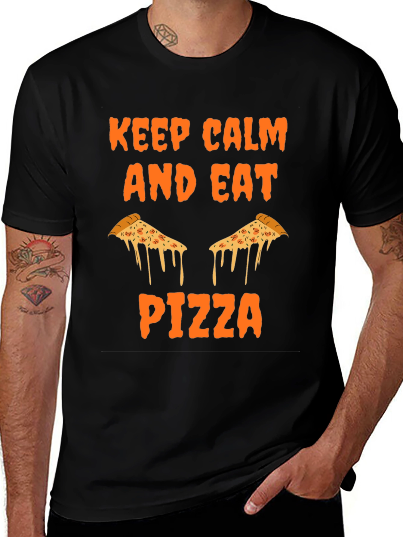 Keep Calm Eat Pizza Black Graphic Tee Shirt