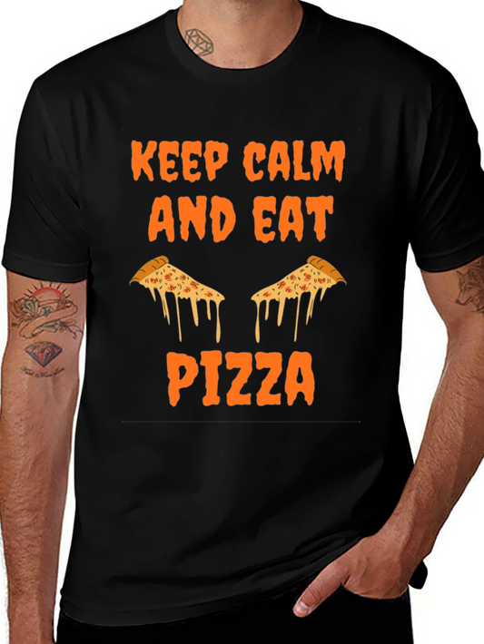 Keep Calm Eat Pizza Black Graphic Tee Shirt
