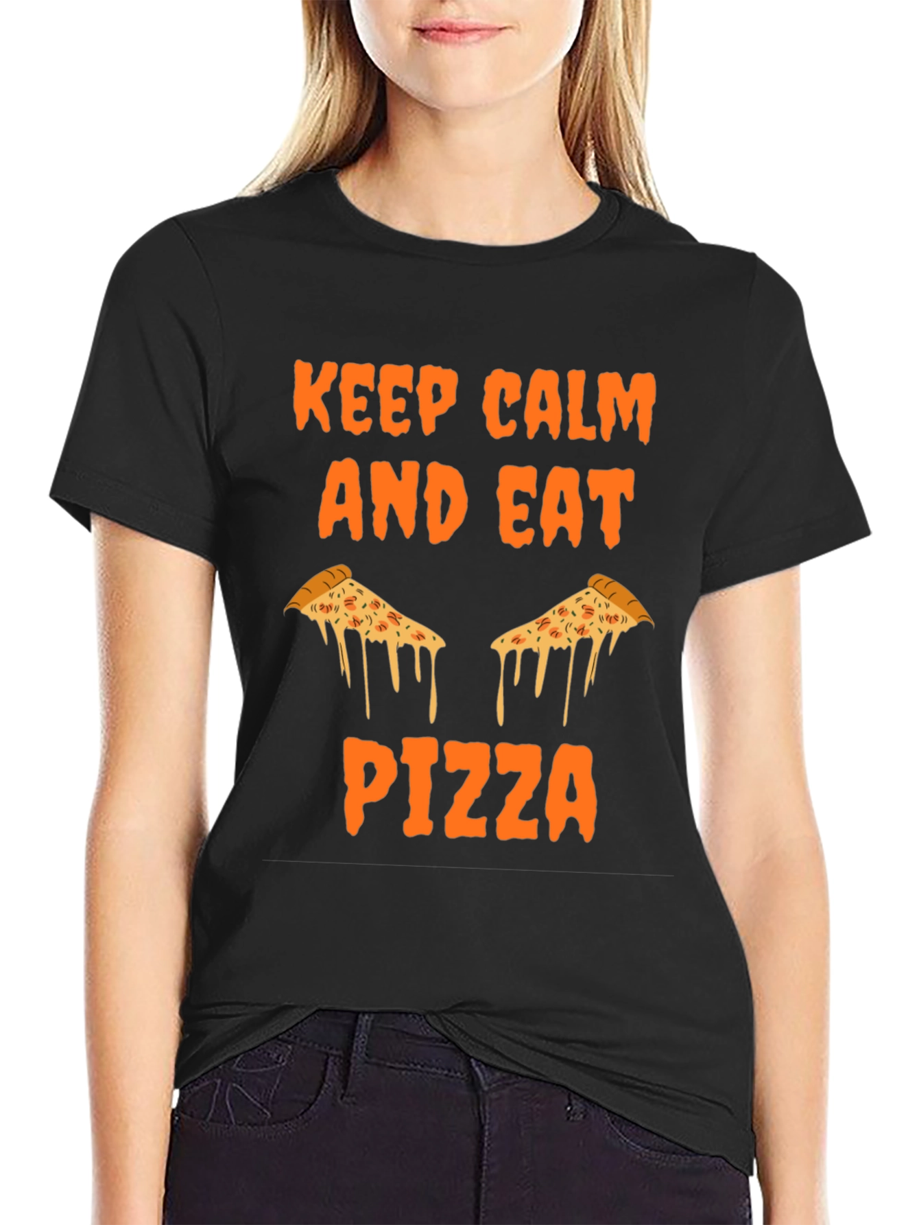 Keep Calm Eat Pizza Black Graphic Tee Shirt