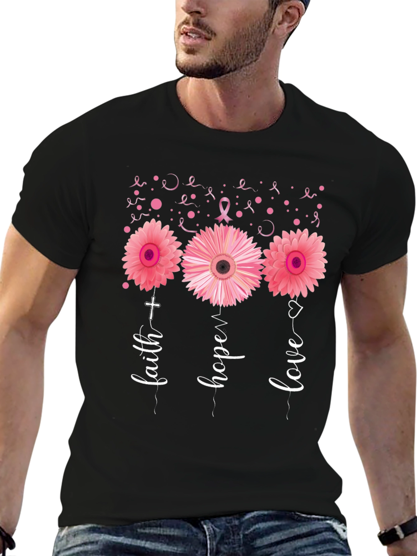 Faith Hope Love Breast Cancer Awareness Black T-Shirt