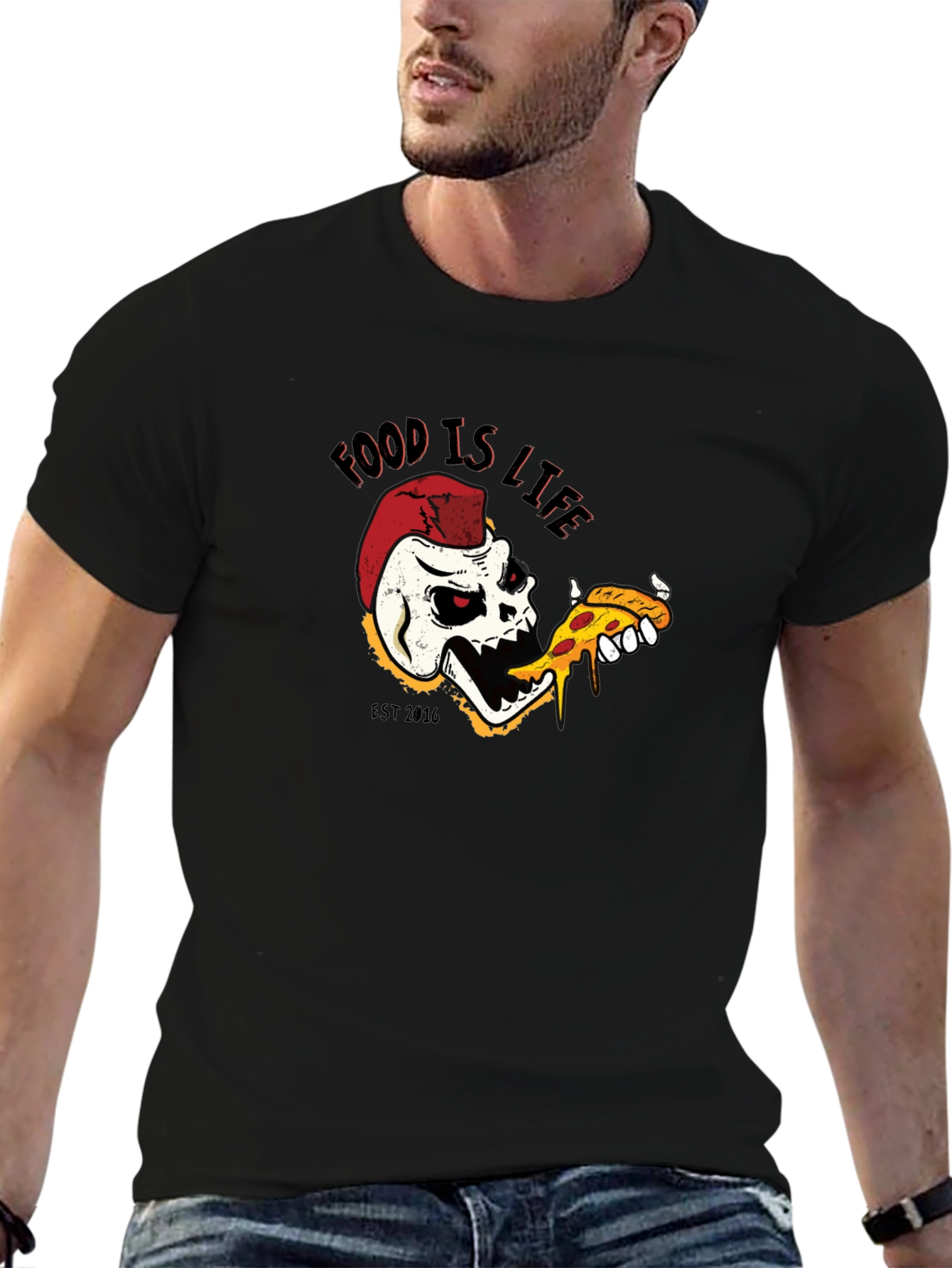 Food is Life Skull Pizza T-Shirt - Black