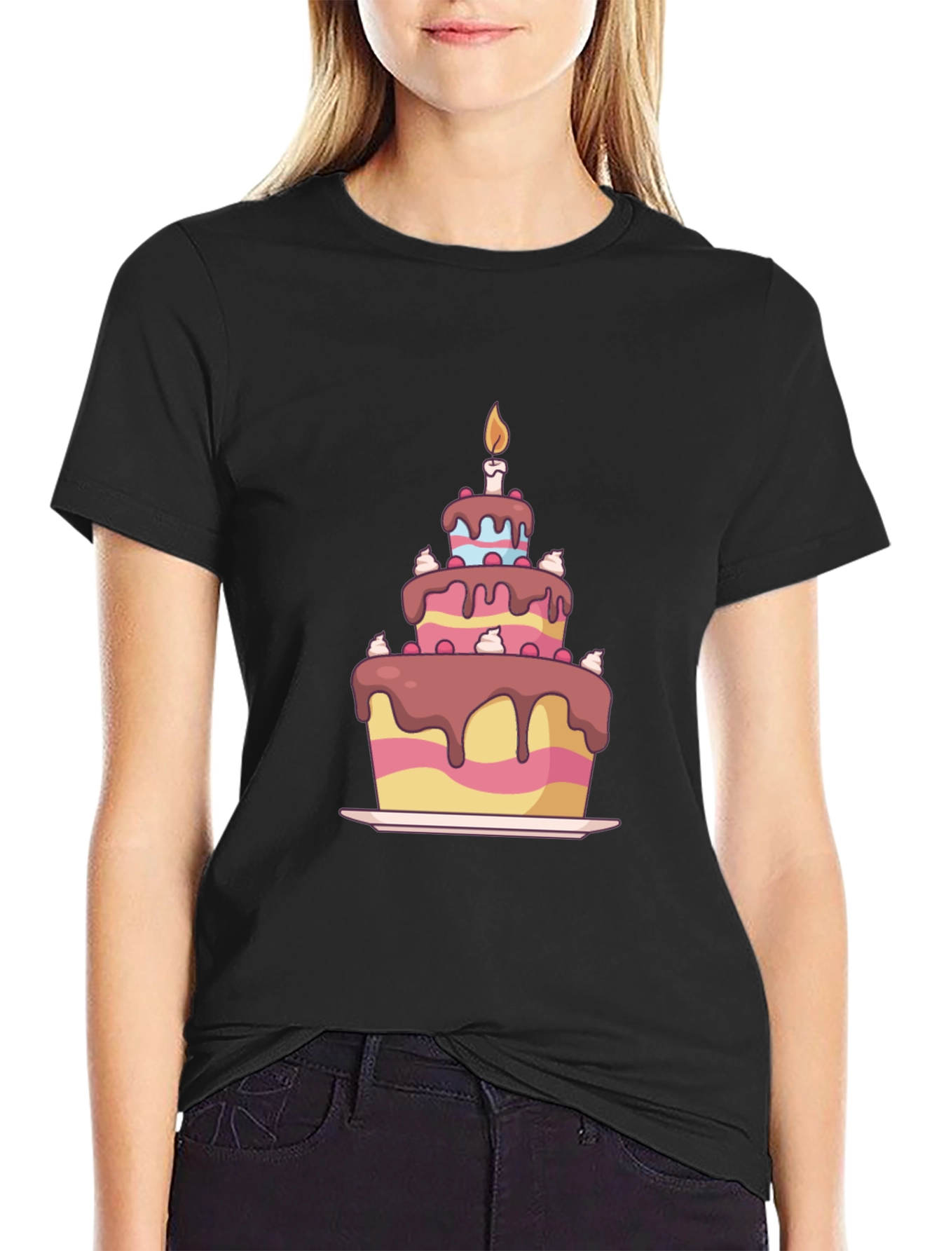 Birthday Cake Graphic Tee - Black Cotton T-Shirt