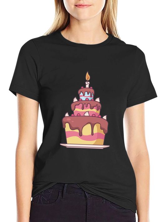Birthday Cake Graphic Tee - Black Cotton T-Shirt