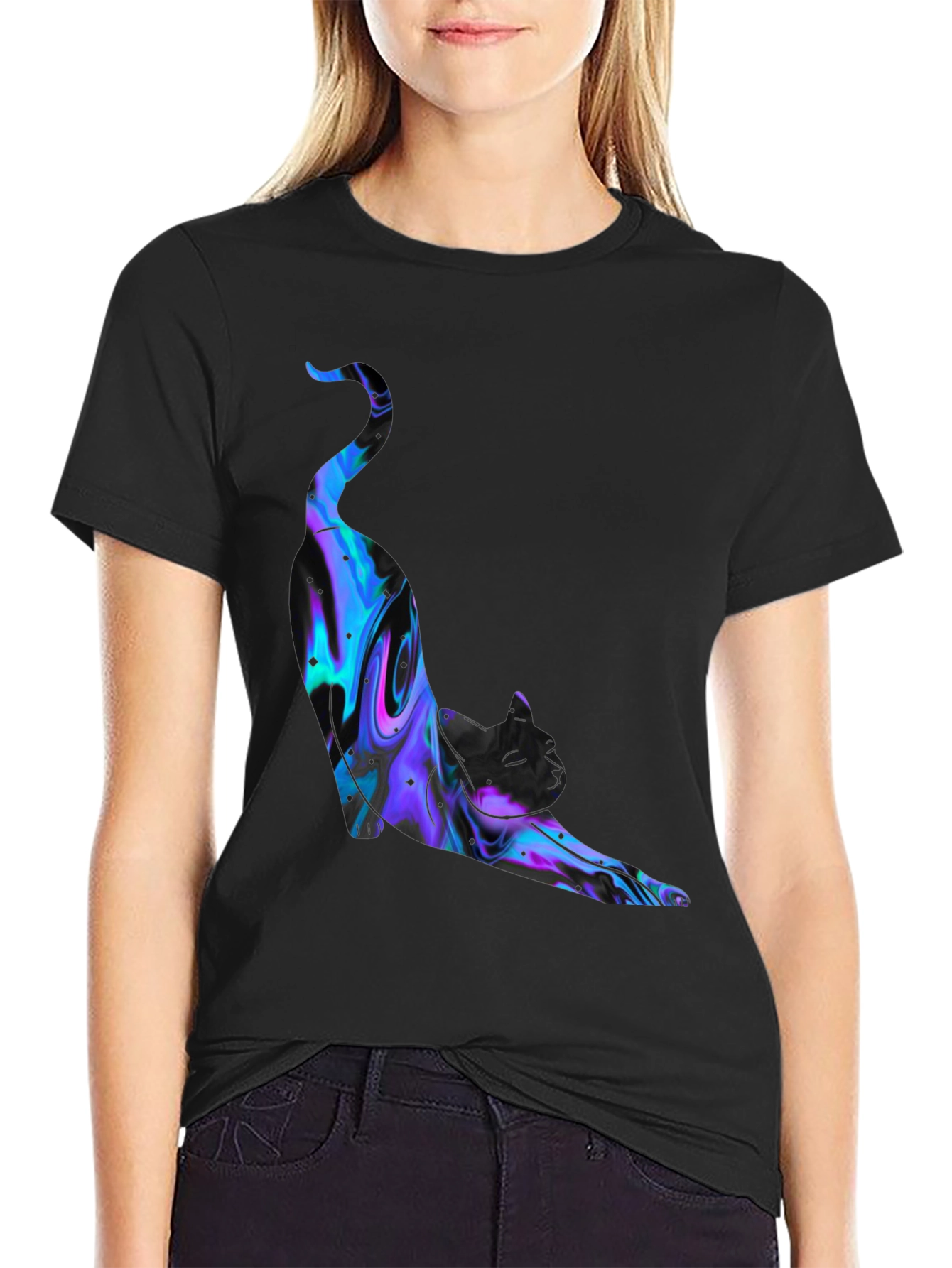 Abstract Cat Graphic Black T-Shirt