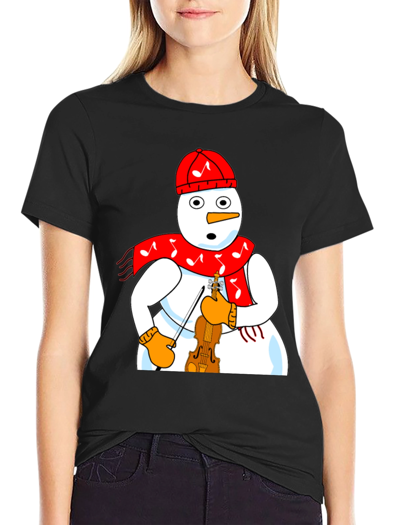 Snowman Violinist Graphic Tee - Festive Holiday Apparel