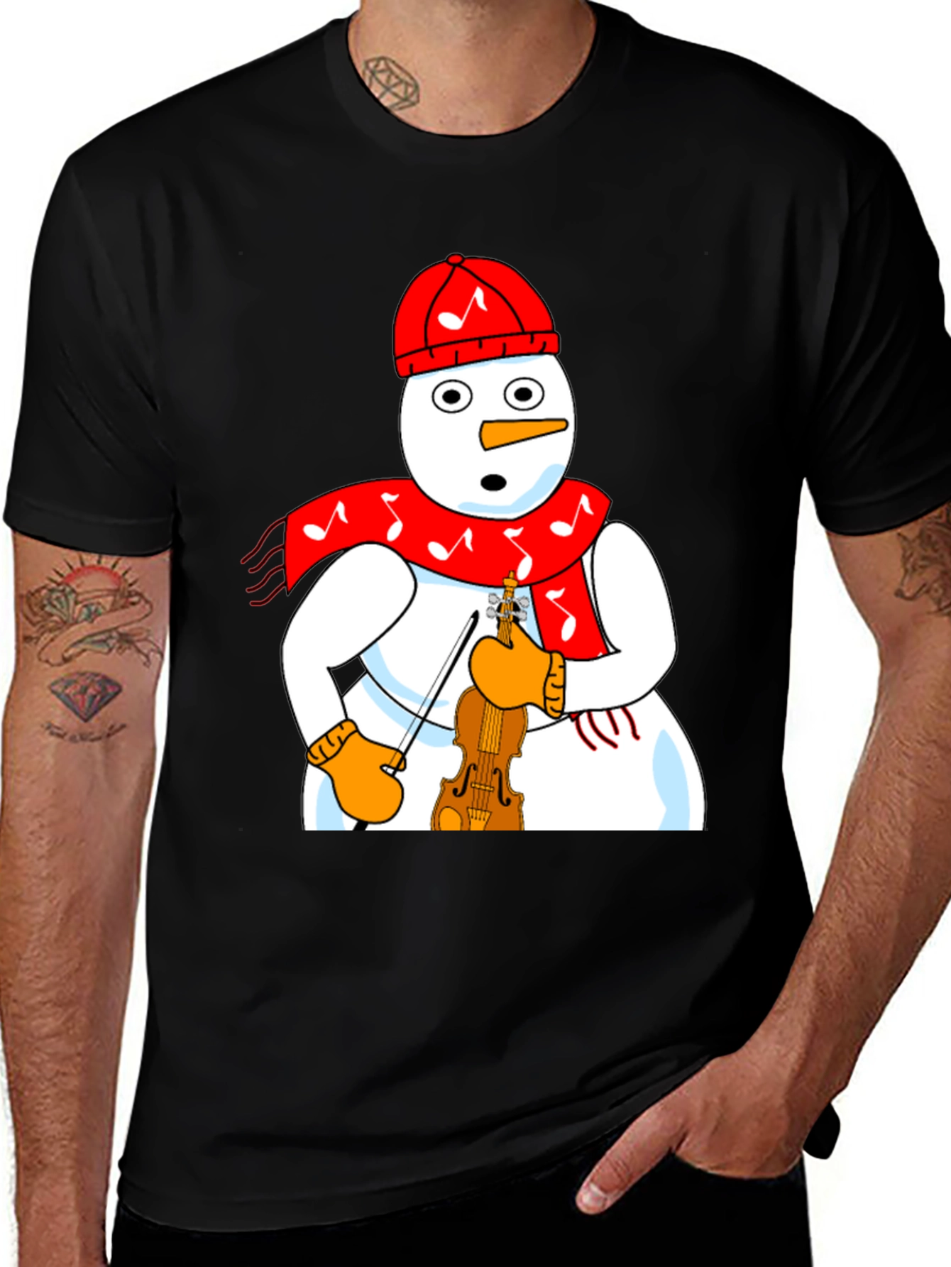 Snowman Violinist Graphic Tee - Festive Holiday Apparel