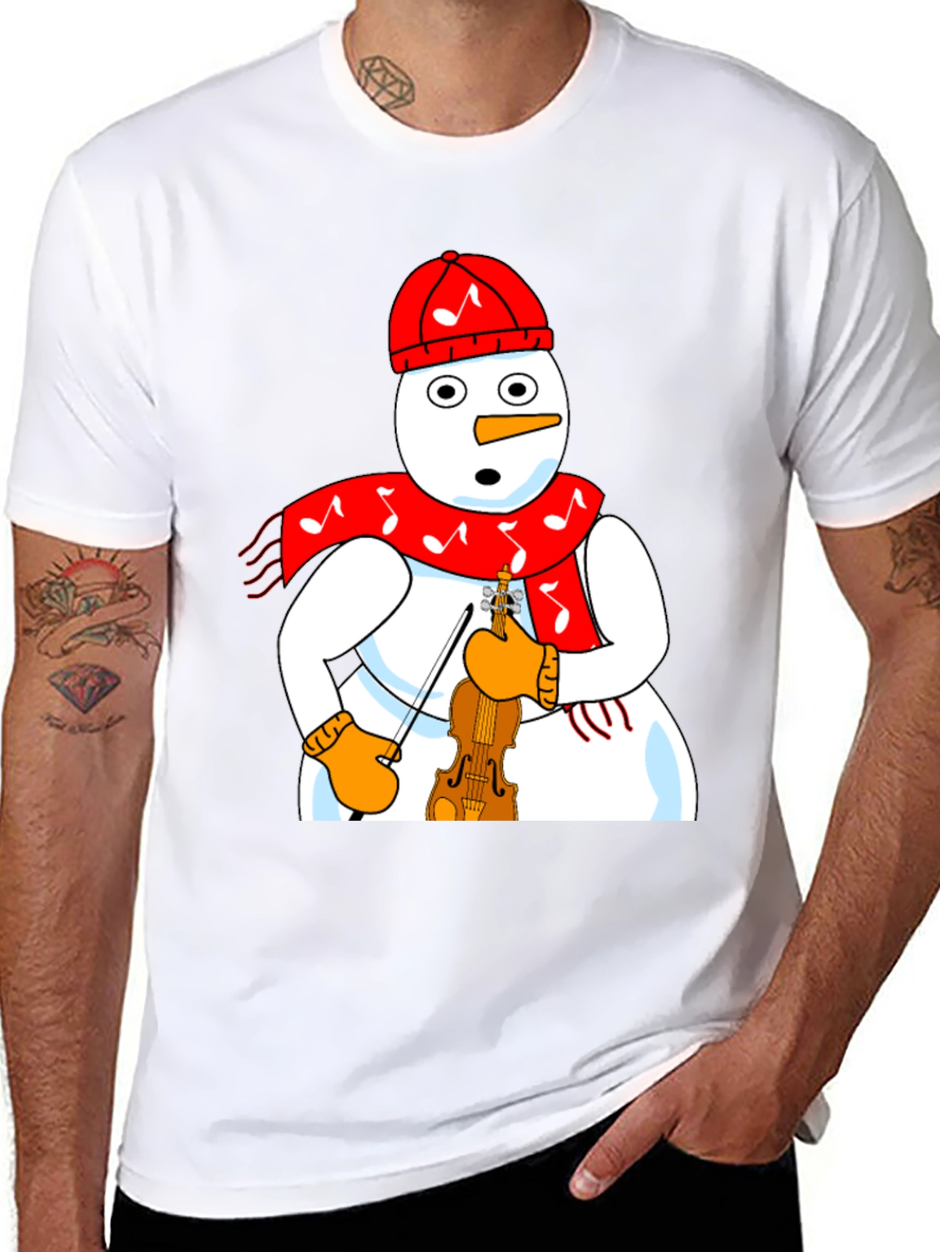 Snowman Violinist Graphic Tee - Festive Holiday Apparel
