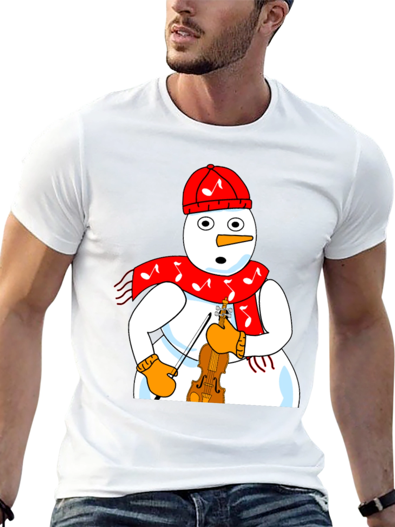 Snowman Violinist Graphic Tee - Festive Holiday Apparel