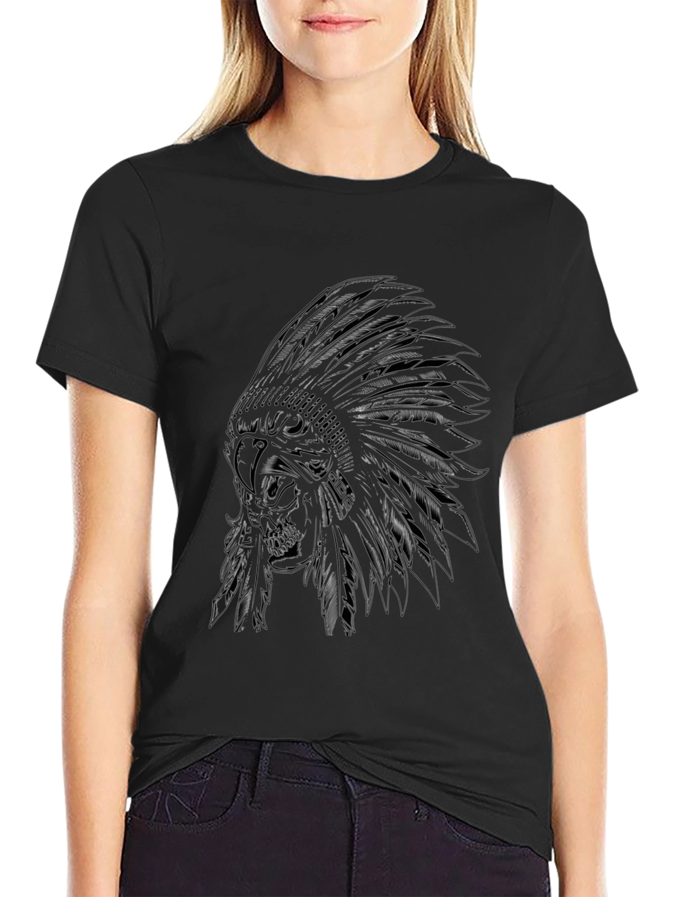 Black Indian Chief Skull Graphic Tee