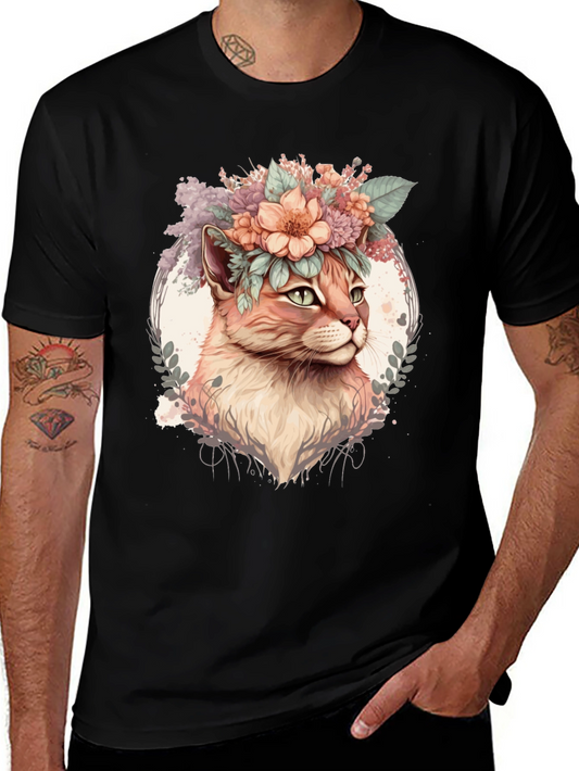 Floral Cat Graphic Tee - Stylish Mens Black T-Shirt