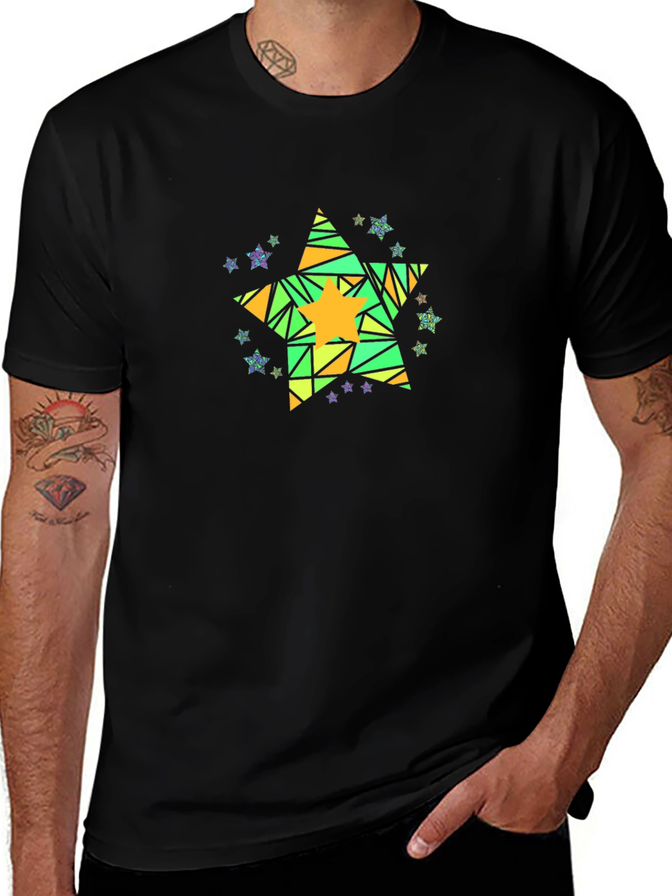 Geometric Star Graphic Tee - Mens Black Cotton T-Shirt