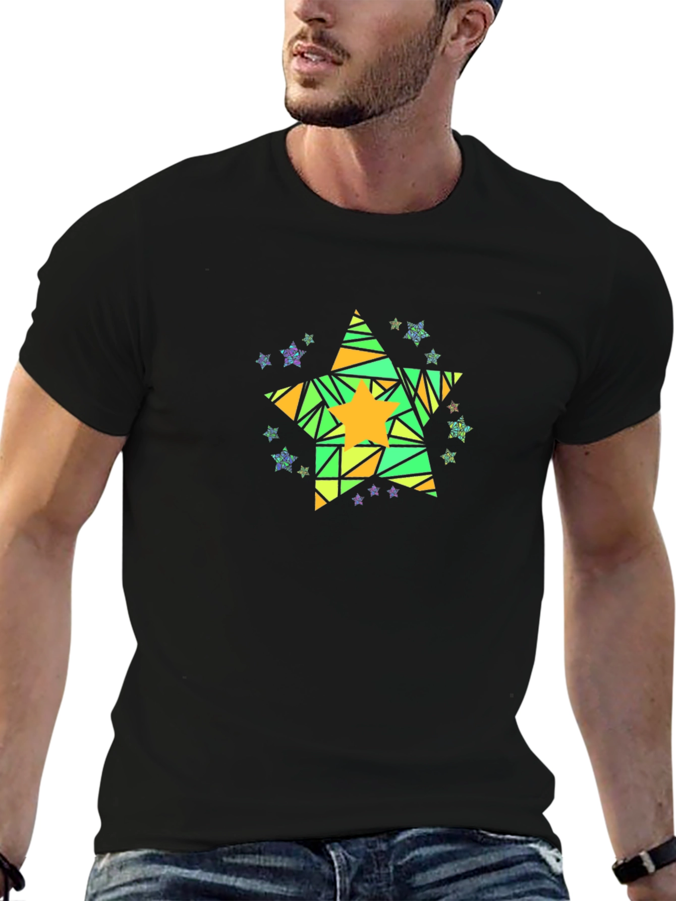 Geometric Star Graphic Tee - Mens Black Cotton T-Shirt