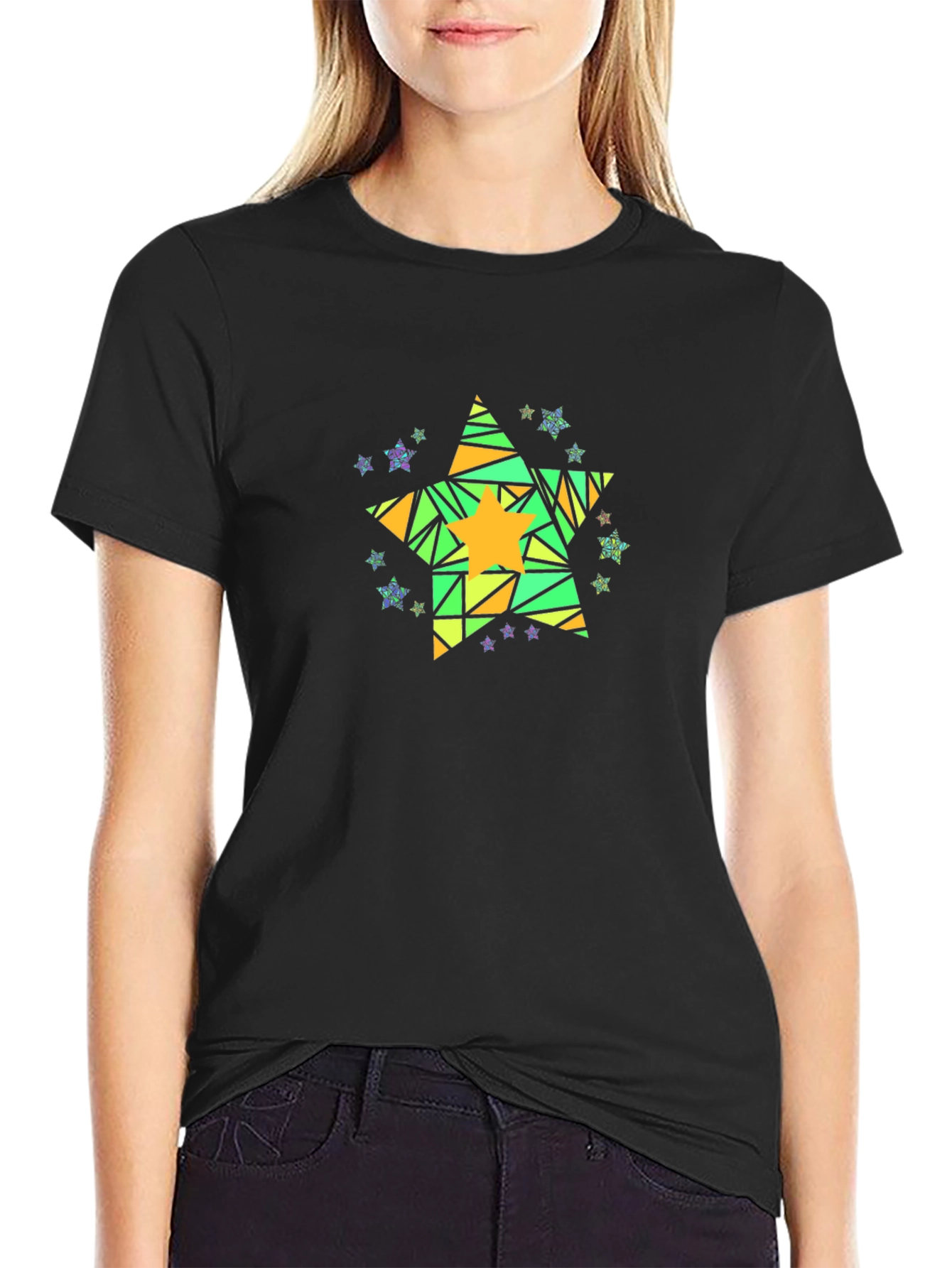 Geometric Star Graphic Tee - Mens Black Cotton T-Shirt