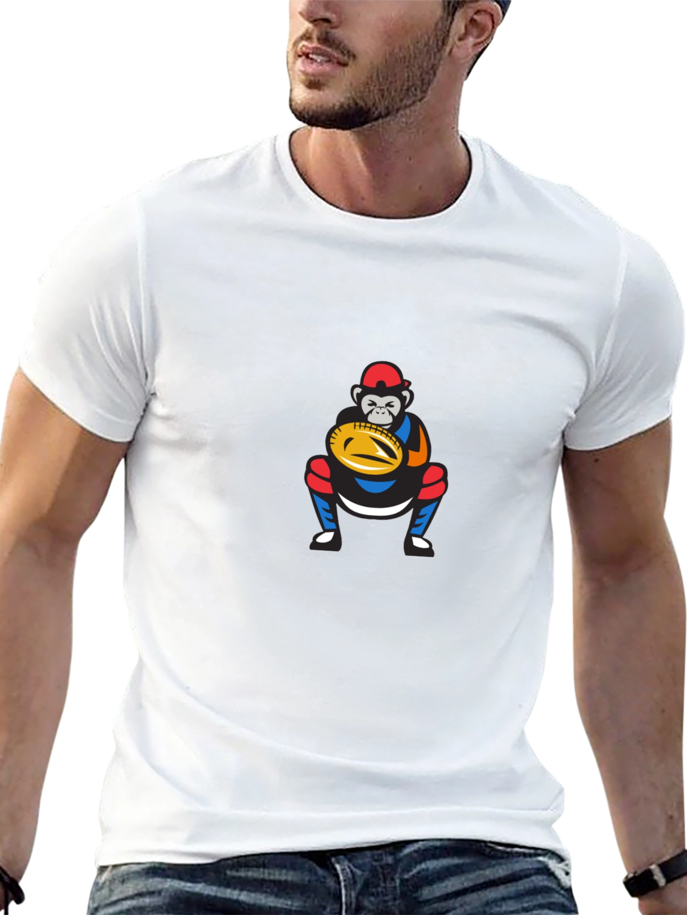 Funny Monkey Baseball Catcher Graphic T-Shirt