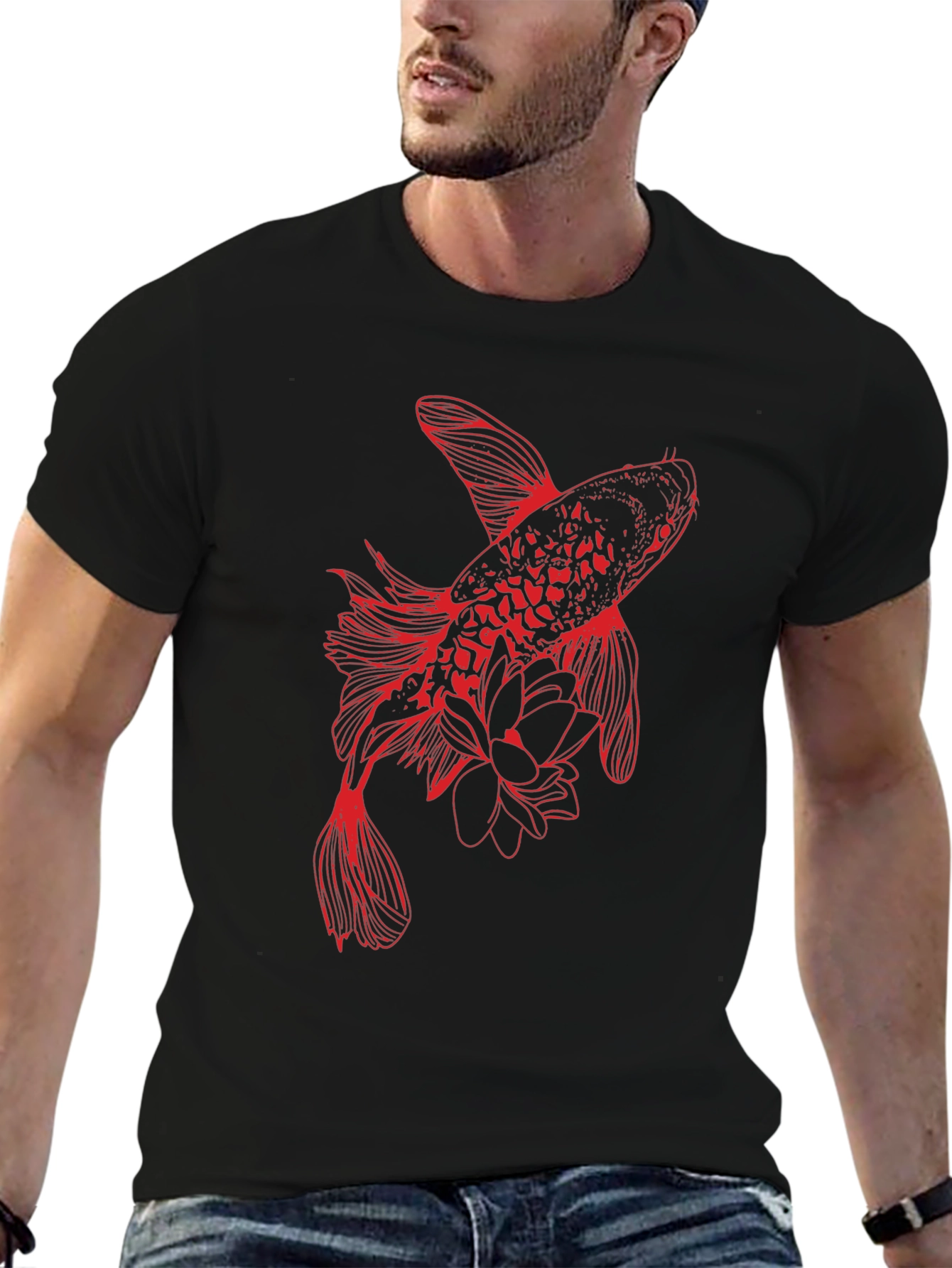 Red Koi Fish Graphic Tee - Stylish Black T-Shirt
