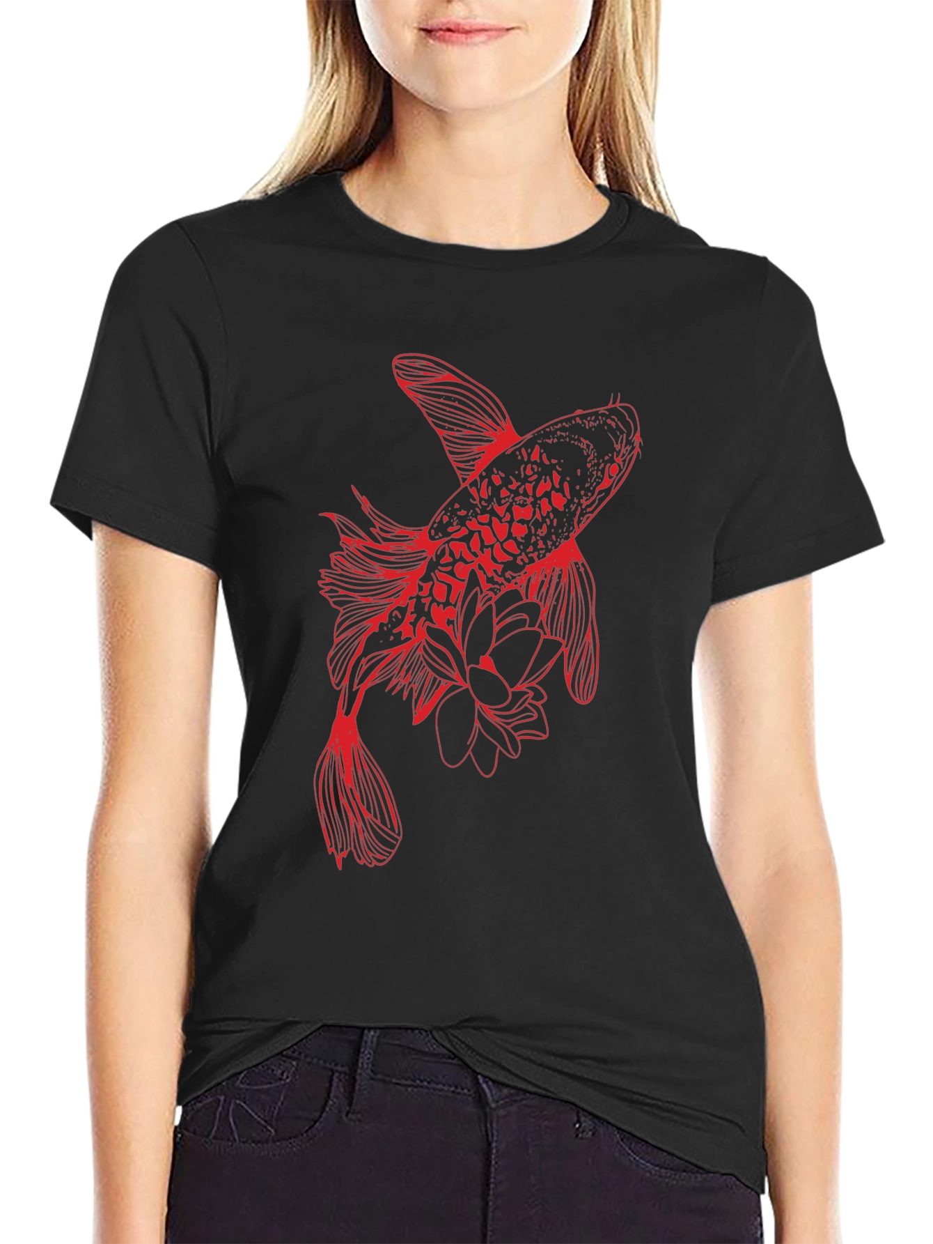 Red Koi Fish Graphic Tee - Stylish Black T-Shirt