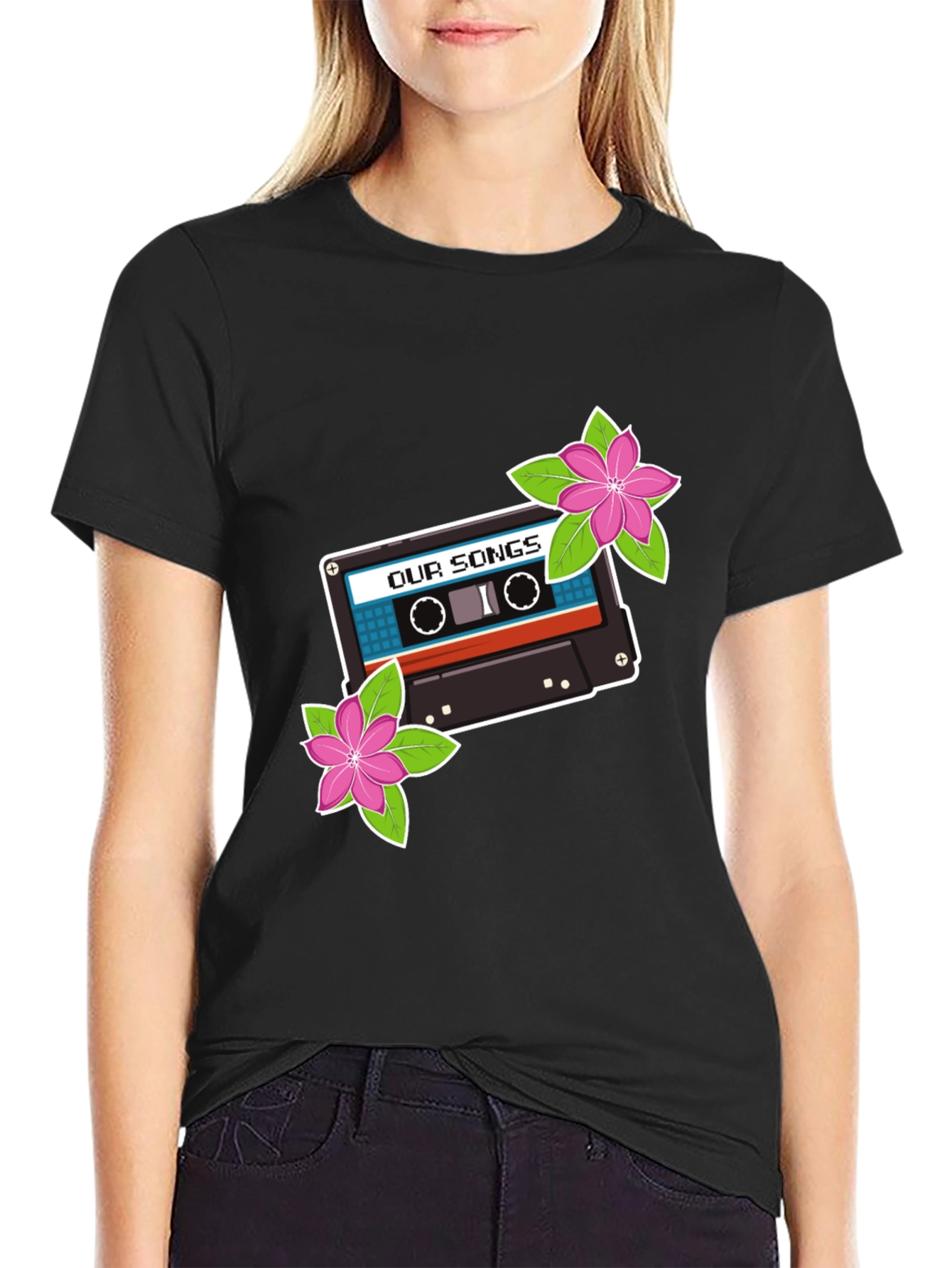 Retro Cassette Tape & Flowers Graphic T-Shirt