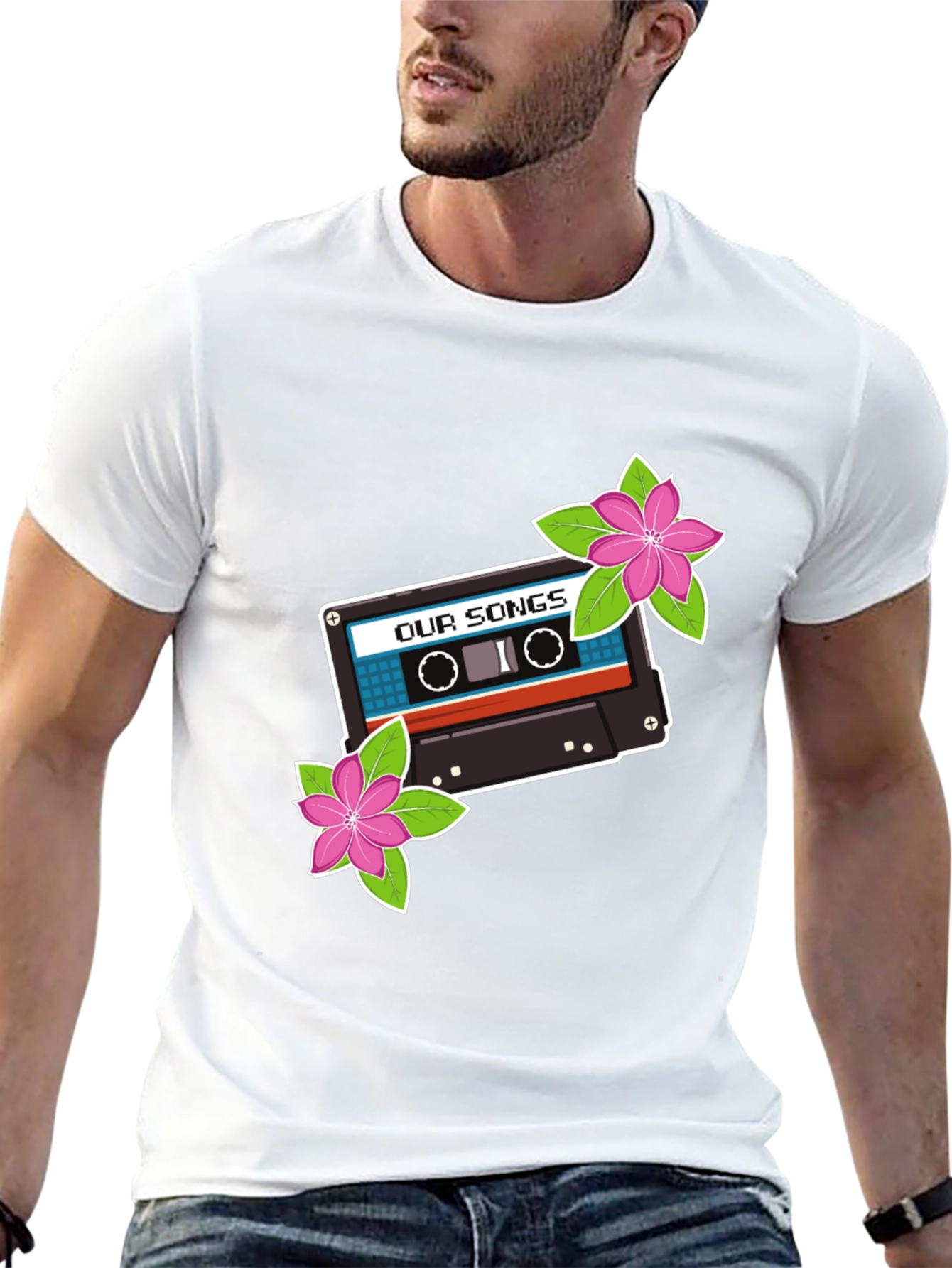 Retro Cassette Tape & Flowers Graphic T-Shirt