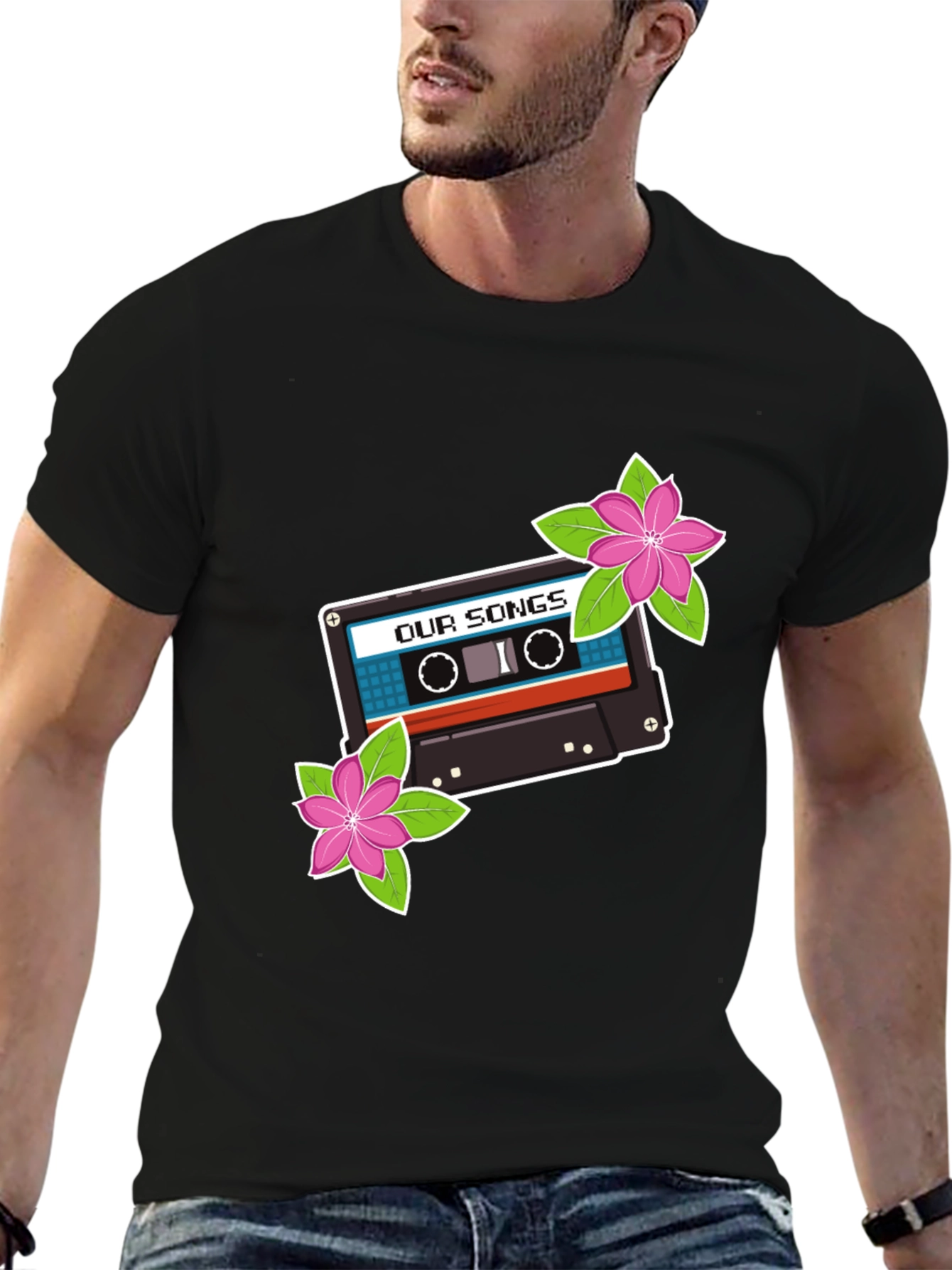 Retro Cassette Tape & Flowers Graphic T-Shirt
