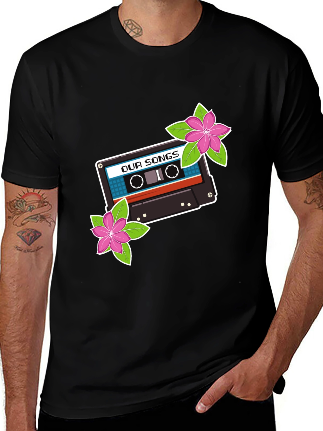 Retro Cassette Tape & Flowers Graphic T-Shirt