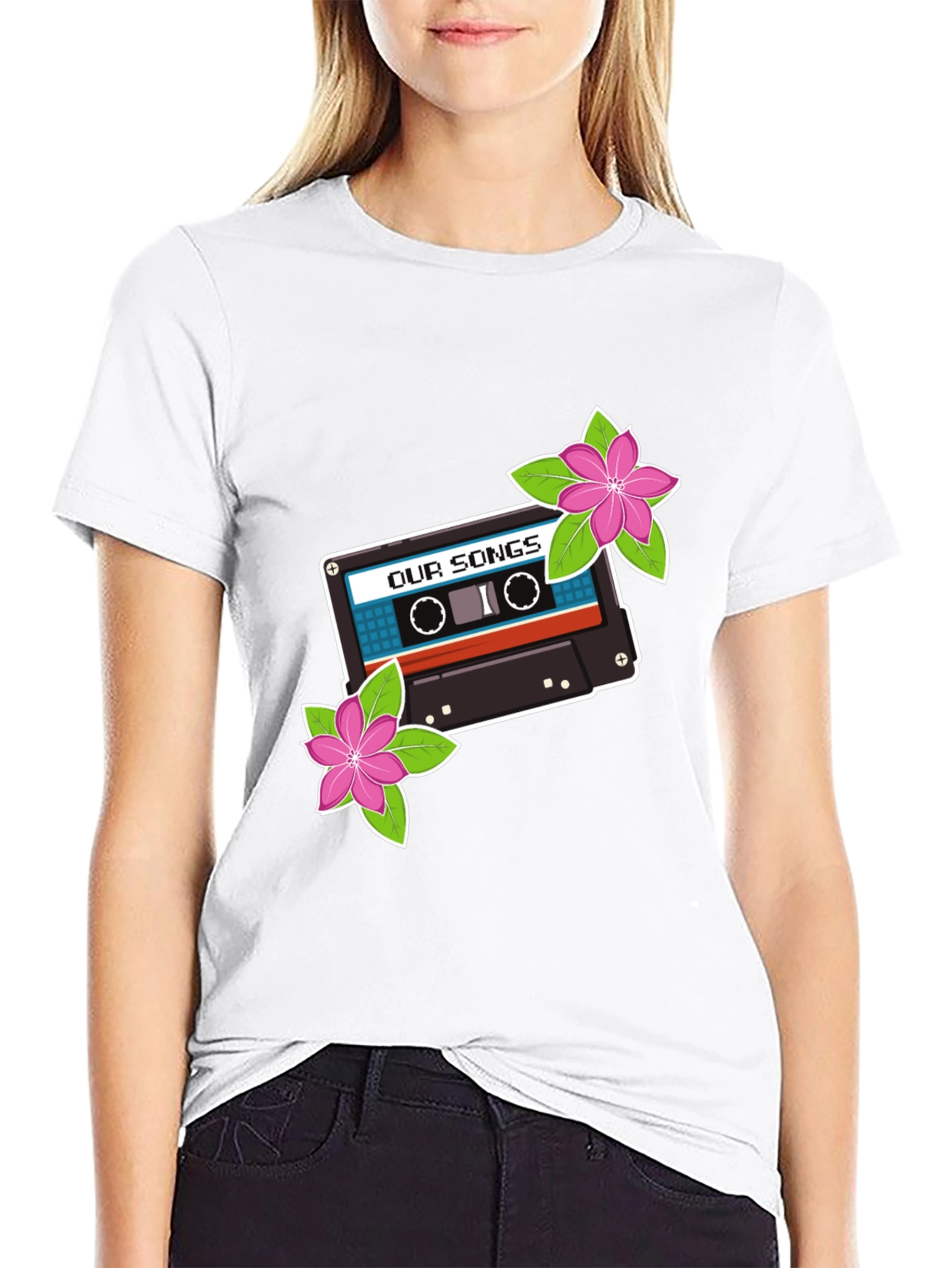 Retro Cassette Tape & Flowers Graphic T-Shirt