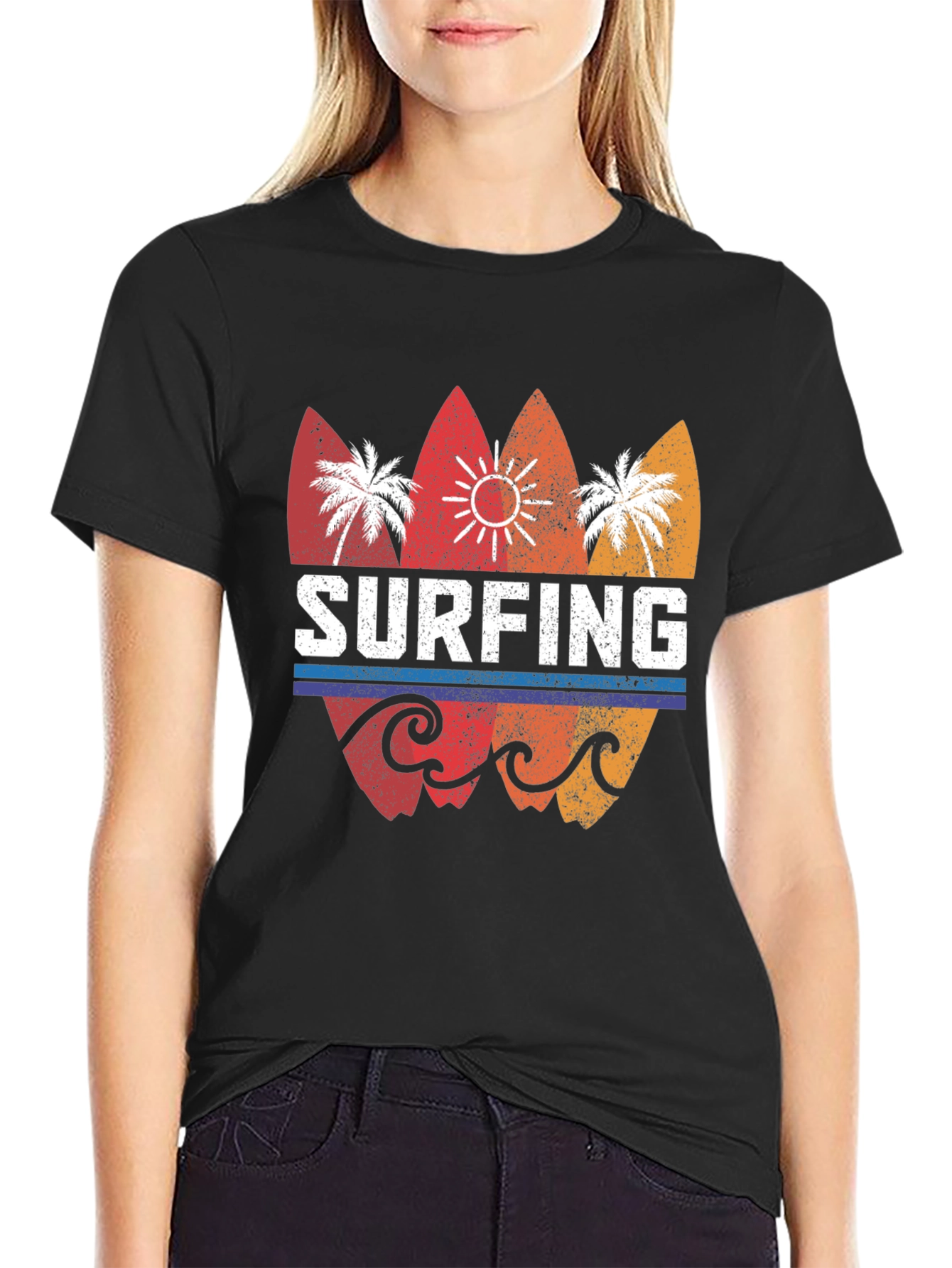 Surfing Retro Style Graphic Tee - Mens Black T-Shirt