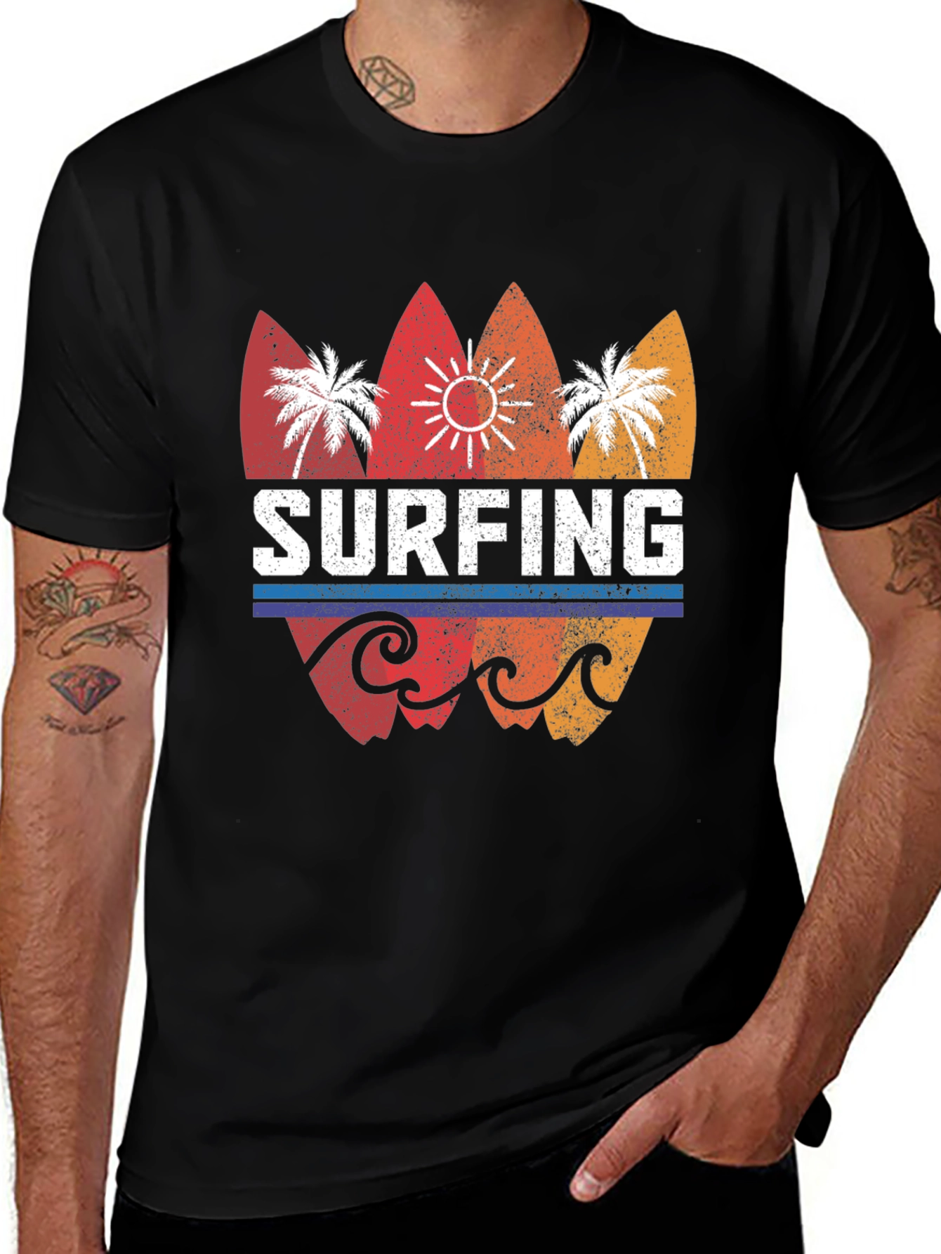 Surfing Retro Style Graphic Tee - Mens Black T-Shirt