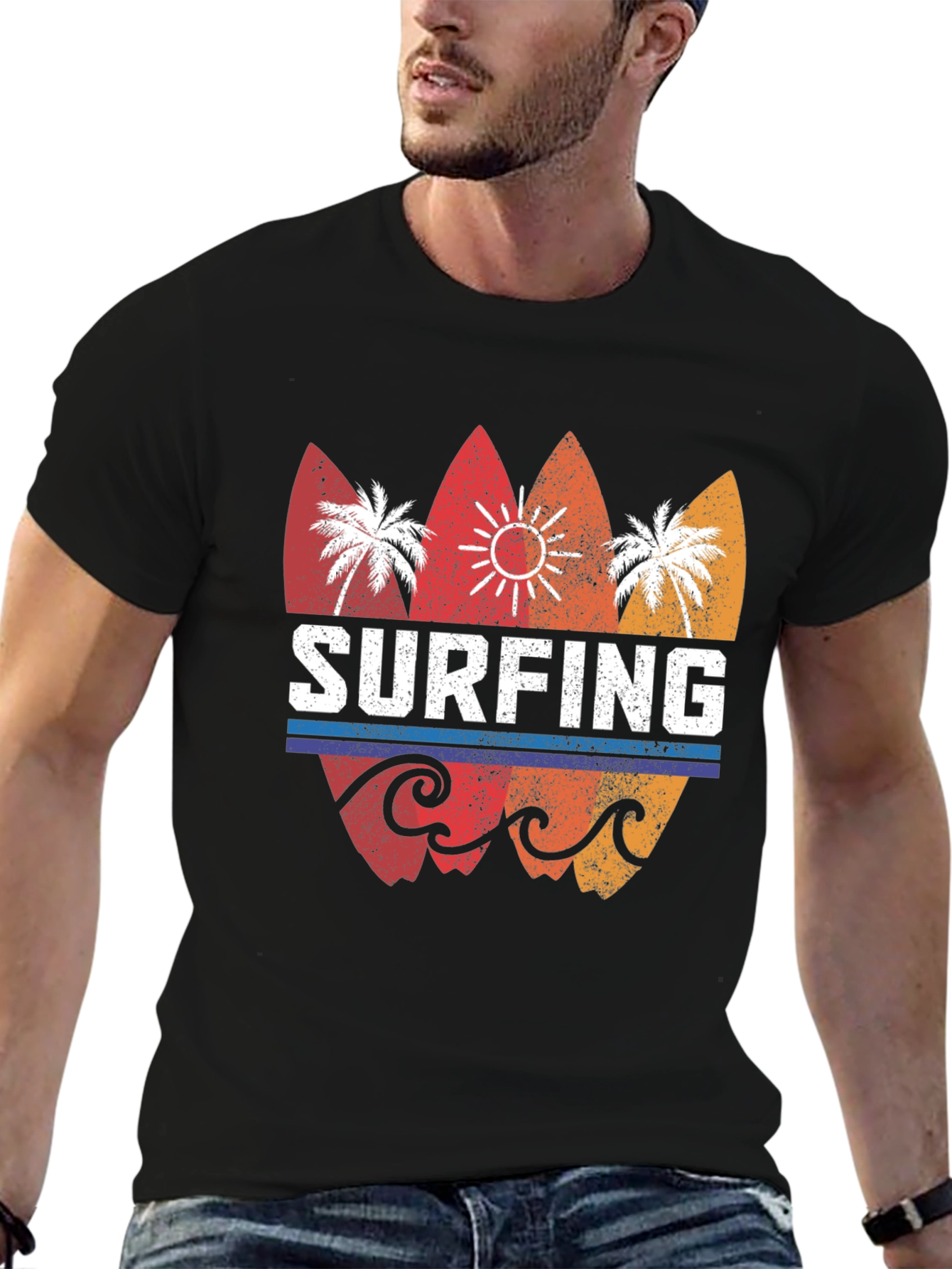 Surfing Retro Style Graphic Tee - Mens Black T-Shirt