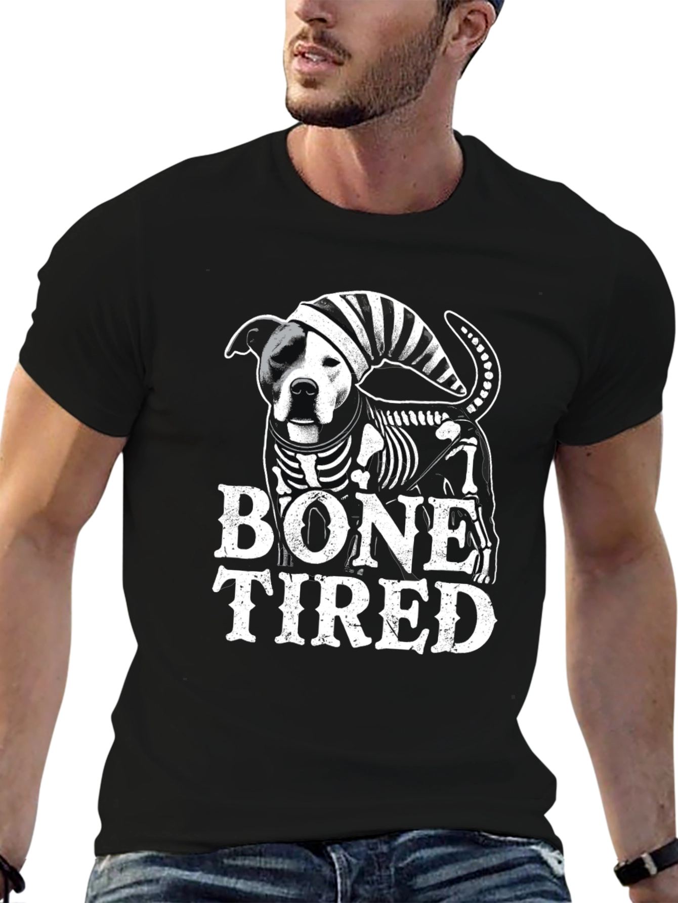 Bone Tired Dog T-Shirt - Funny Skeleton Pitbull Tee