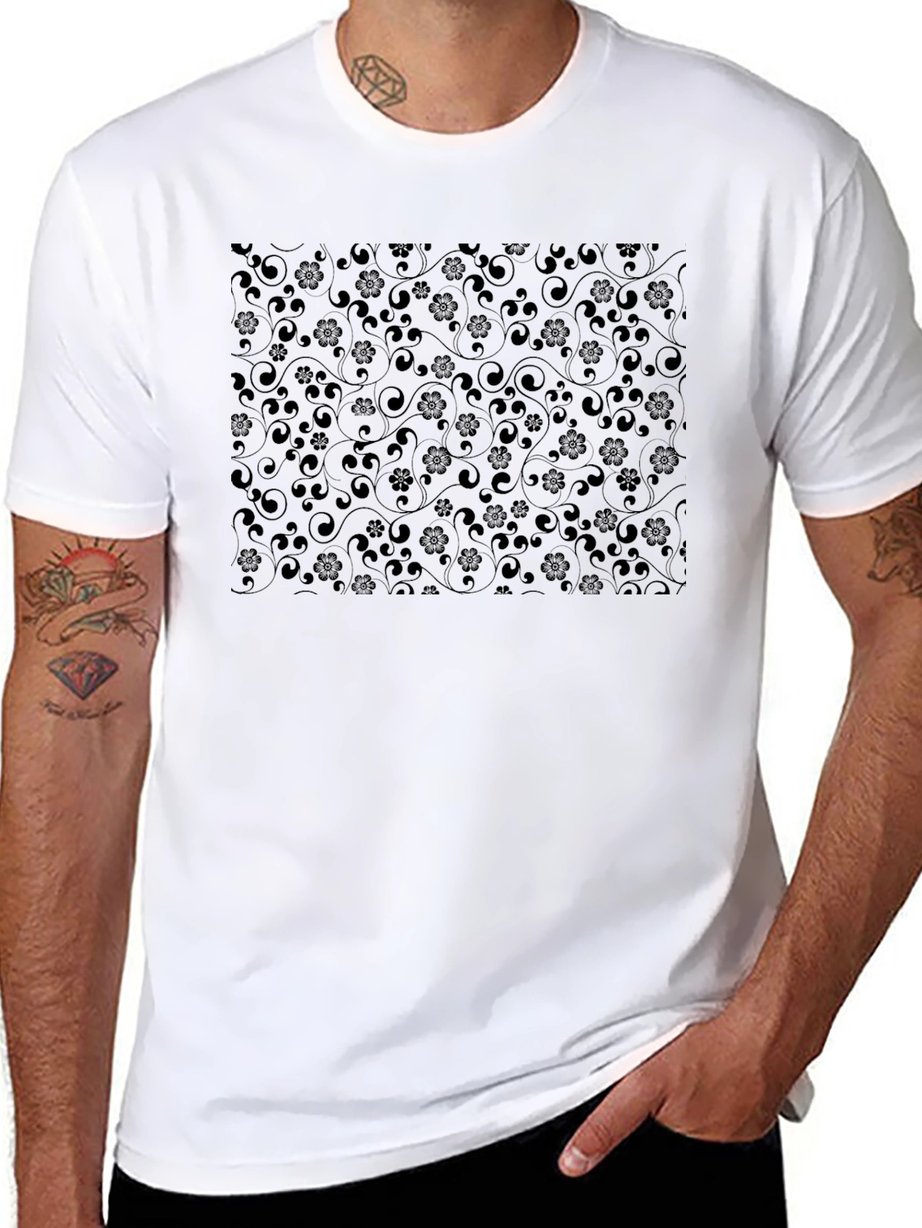 Elegant Black Floral Patterned Crew Neck T-Shirt