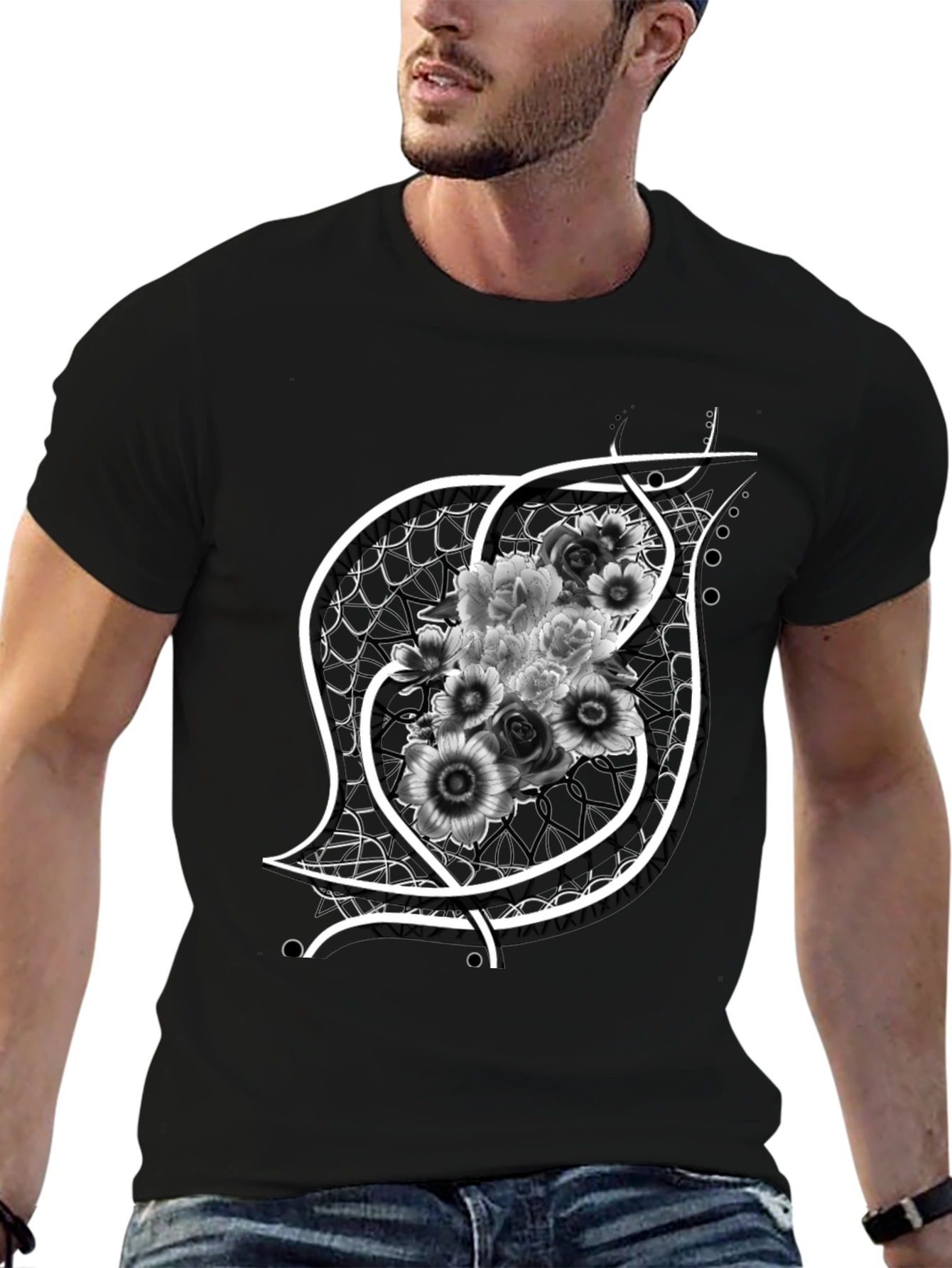 Floral Emblem Graphic Black T-Shirt