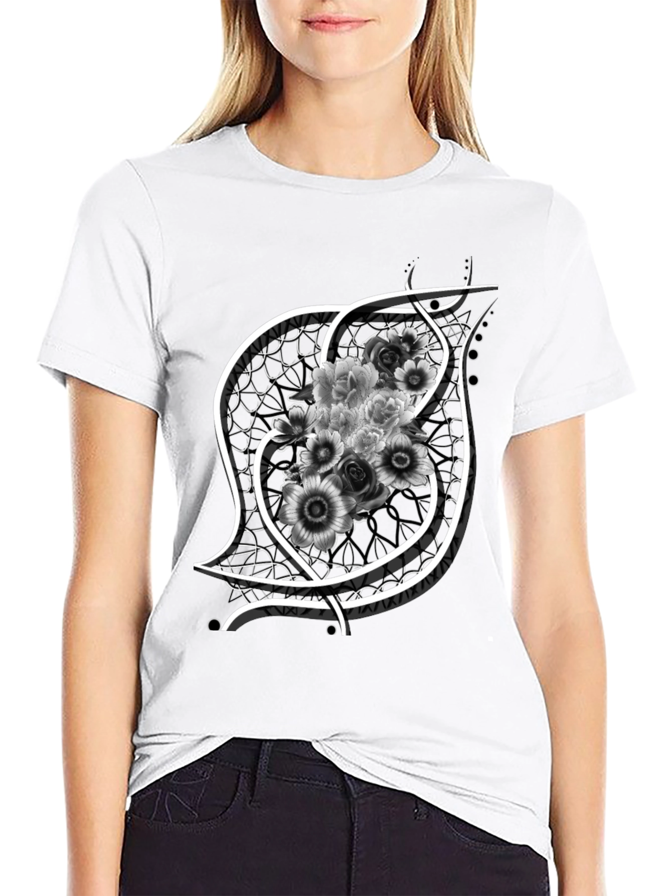 Floral Emblem Graphic Black T-Shirt
