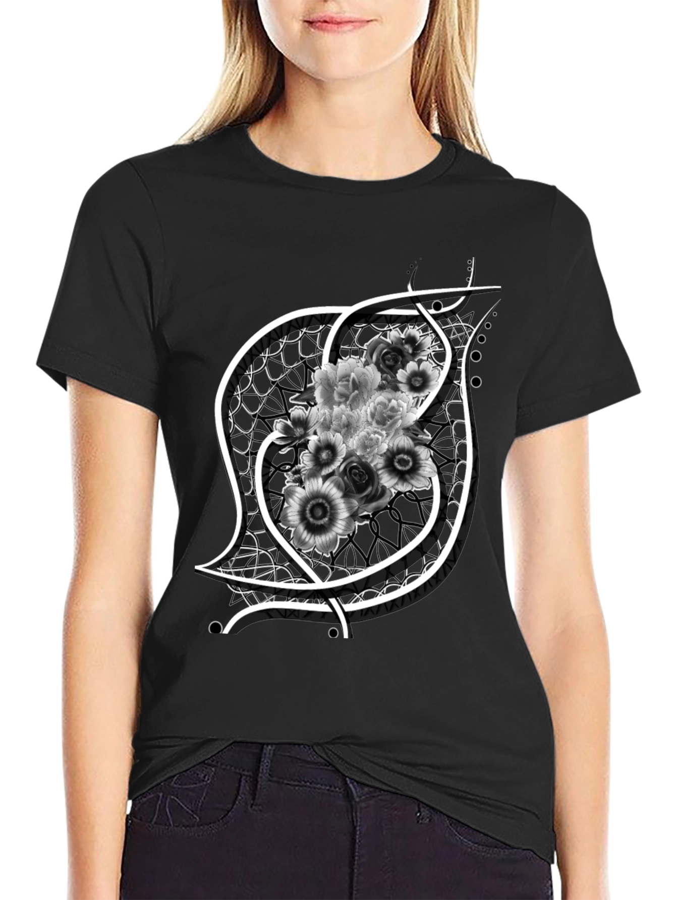 Floral Emblem Graphic Black T-Shirt