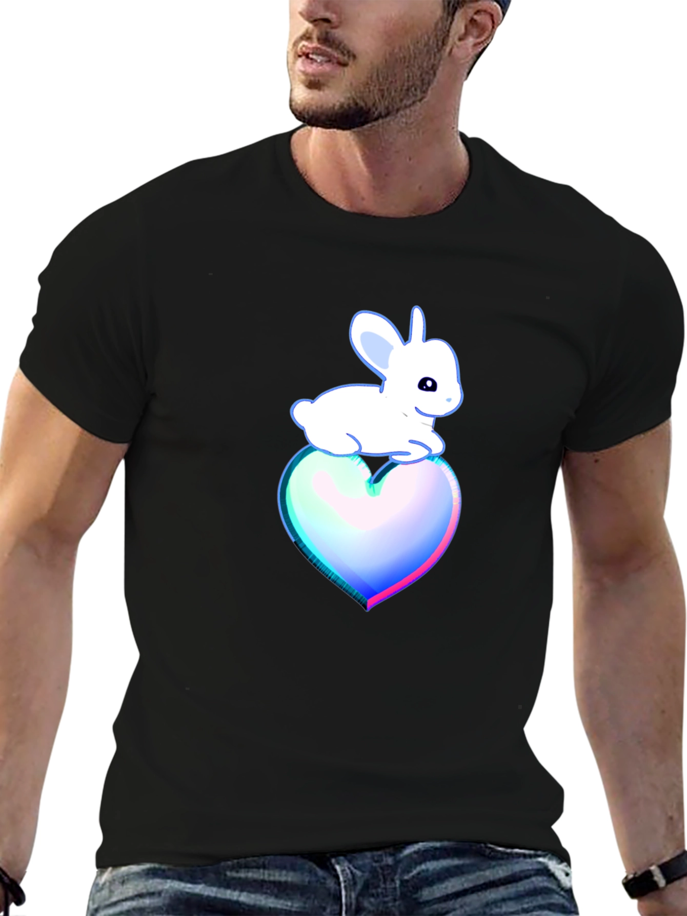 Cute Bunny on Heart T-Shirt - Black Cotton