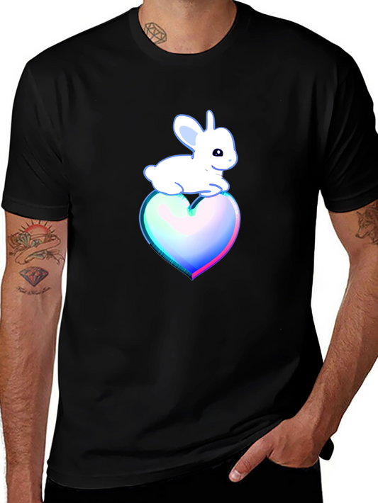Cute Bunny on Heart T-Shirt - Black Cotton